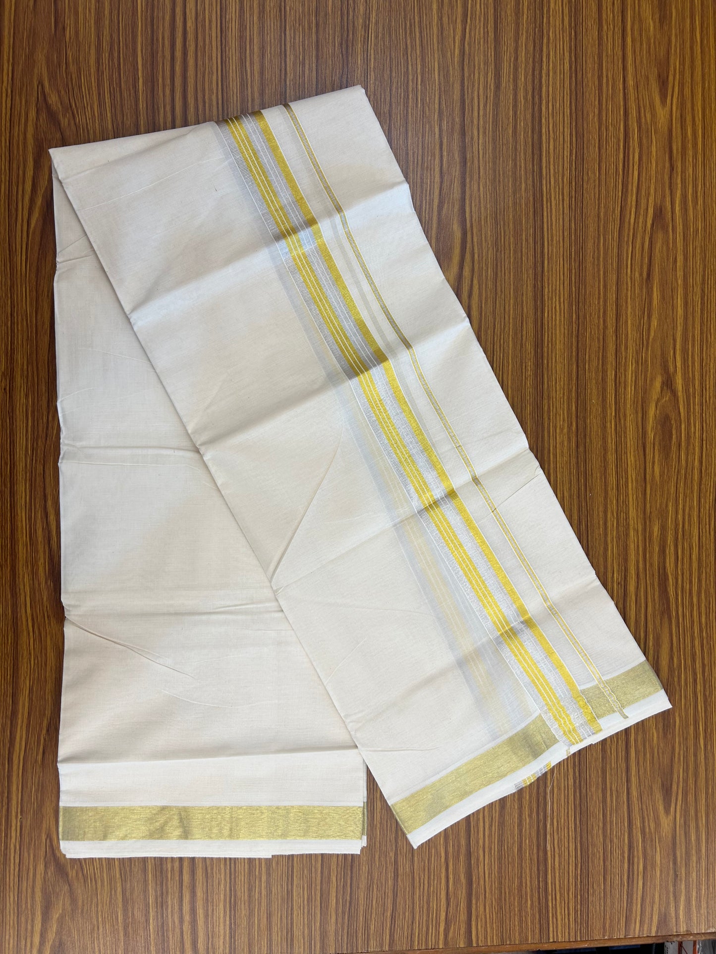 20% Discount ! KaithariKada Balaramapuram - 100% Pure Cotton Off White - (Unbleached) Double Mundu/Dhoti - 100X80 - 1.5 inch Gold Kasavu & Silver Kasavu Striped Kara - 8 KK5250 VIN