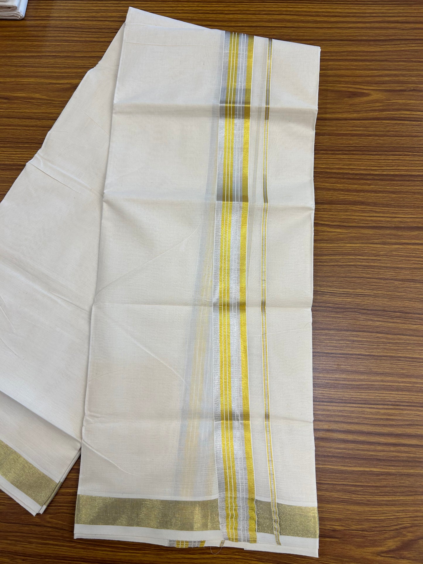20% Discount ! KaithariKada Balaramapuram - 100% Pure Cotton Off White - (Unbleached) Double Mundu/Dhoti - 100X80 - 1.5 inch Gold Kasavu & Silver Kasavu Striped Kara - 8 KK5250 VIN