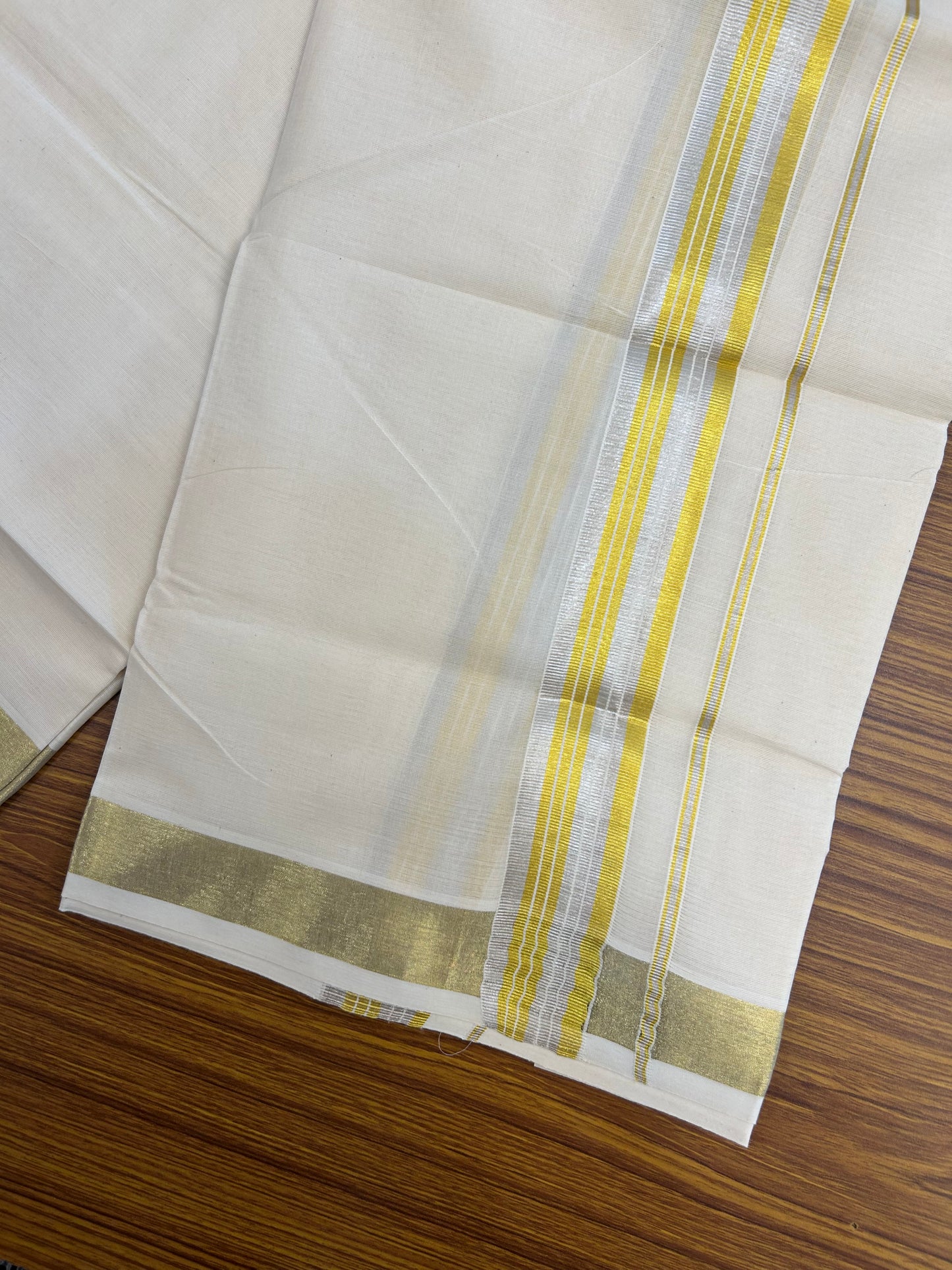 20% Discount ! KaithariKada Balaramapuram - 100% Pure Cotton Off White - (Unbleached) Double Mundu/Dhoti - 100X80 - 1.5 inch Gold Kasavu & Silver Kasavu Striped Kara - 8 KK5250 VIN