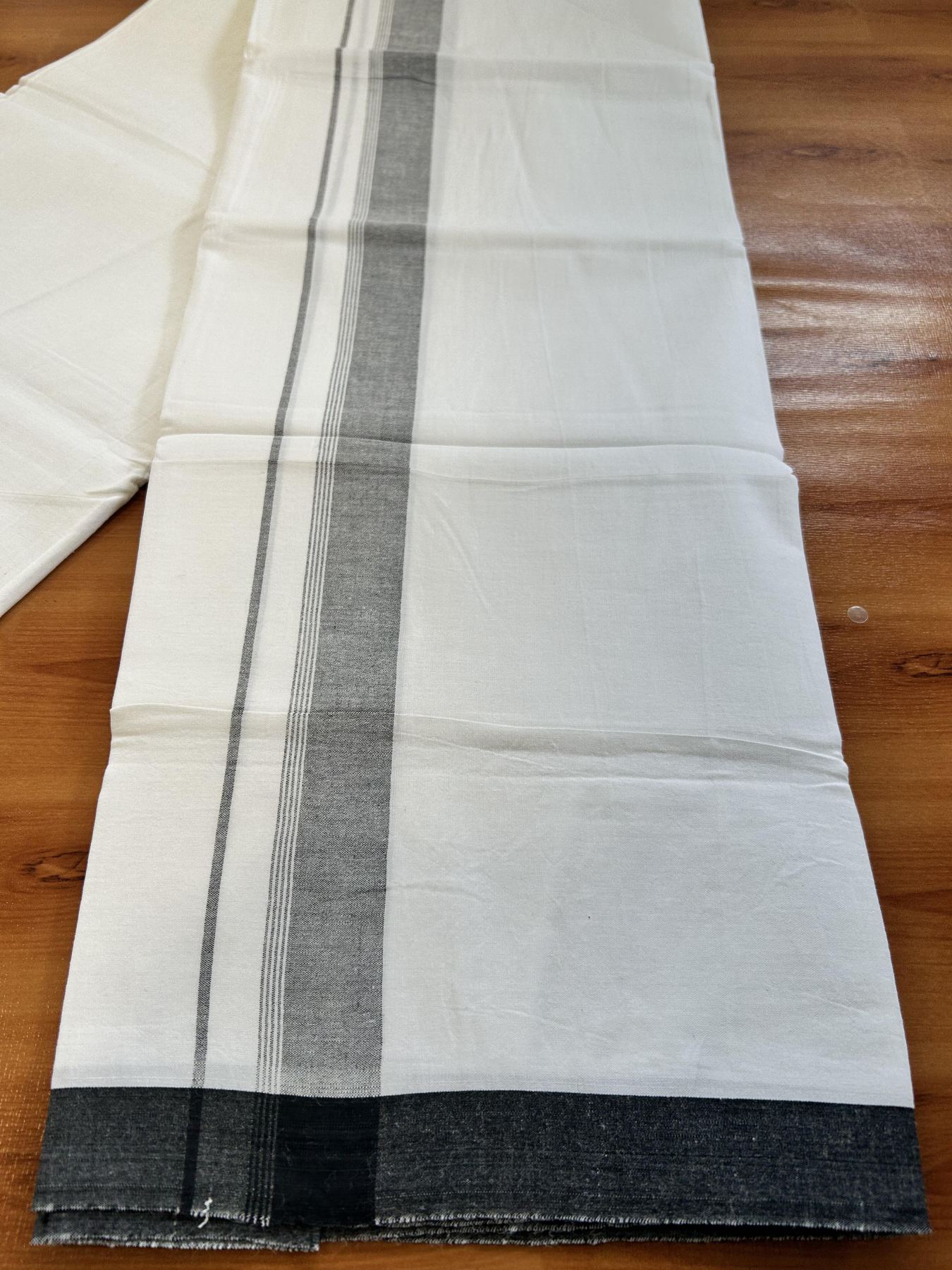 Single Pure White Mundu/Dhoti - KaithariKada Balaramapuram Pure Cotton - 70x30 - 1.25 Inch Black Shaded Striped Kara 1.90 mtr (4 muzham) - 18 KK5418 PMC