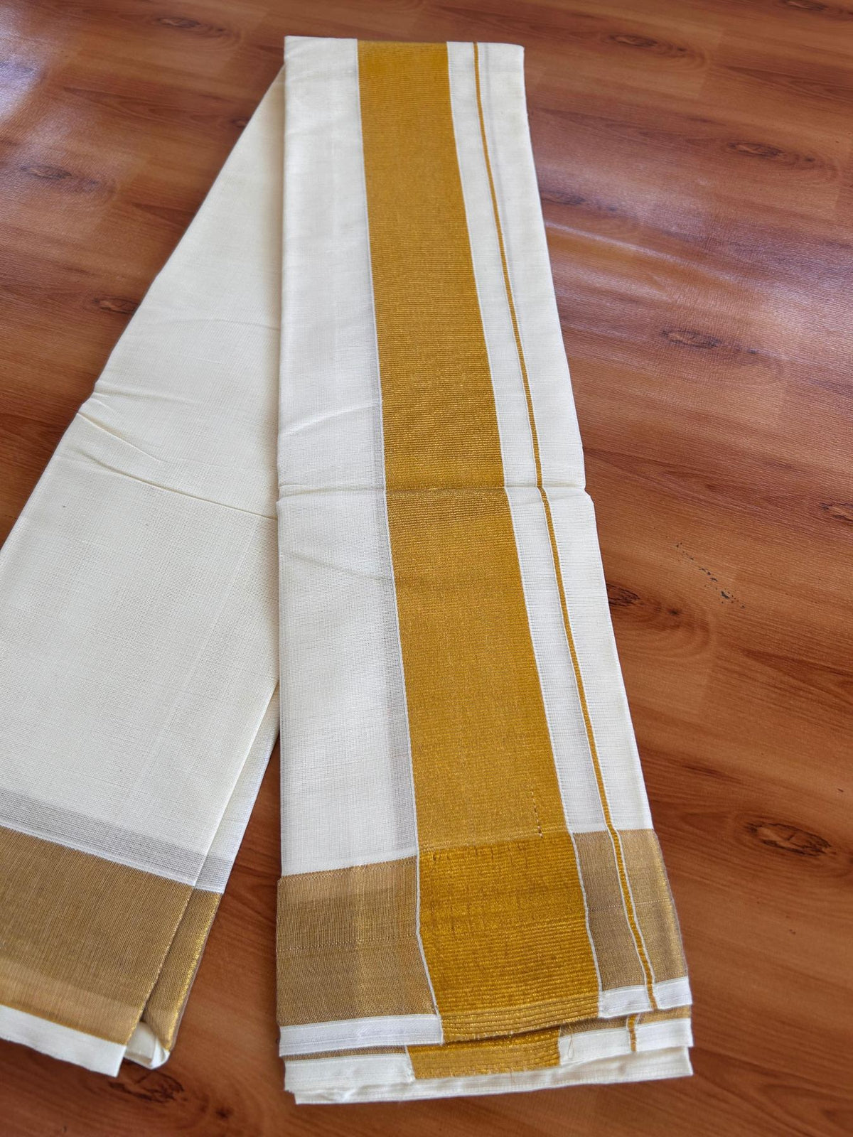 Neriyath Off White (Unbleached) - KaithariKada - Mixed Cotton - 1.75 Inch Gold Kasavu Kara - 1.70 mtr (3.64 muzham)- 9 KK5531 PMC