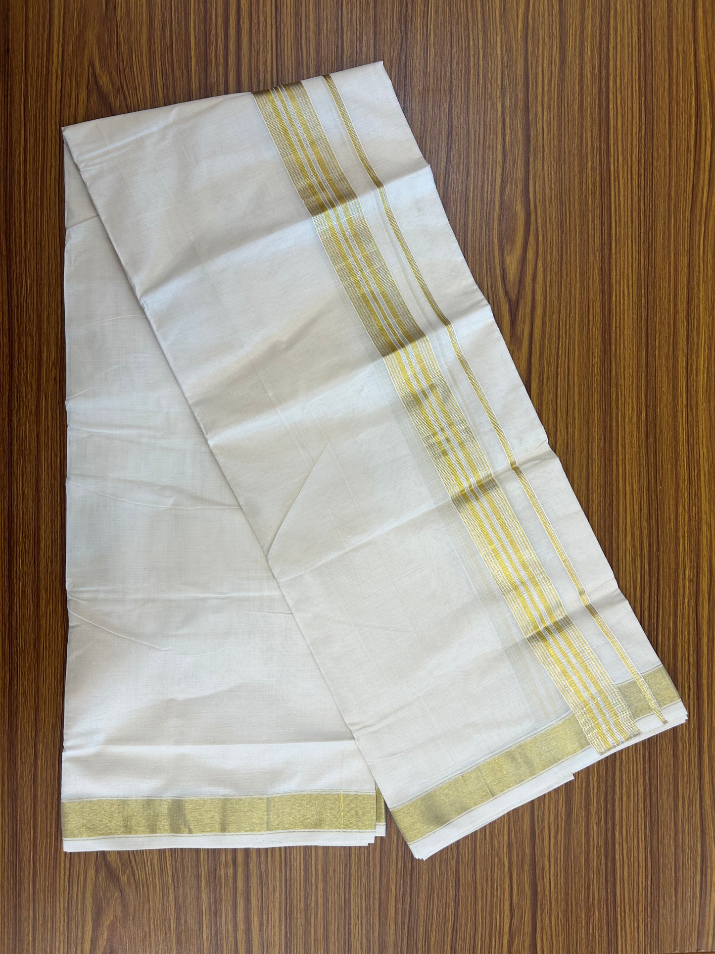 20% Discount ! KaithariKada Balaramapuram - 100% Pure Cotton Off White - (Unbleached) Double Mundu/Dhoti - 100X80 - 1.5 inch Gold Kasavu & Silver Kasavu Striped Kara - 11 KK5250 VIN