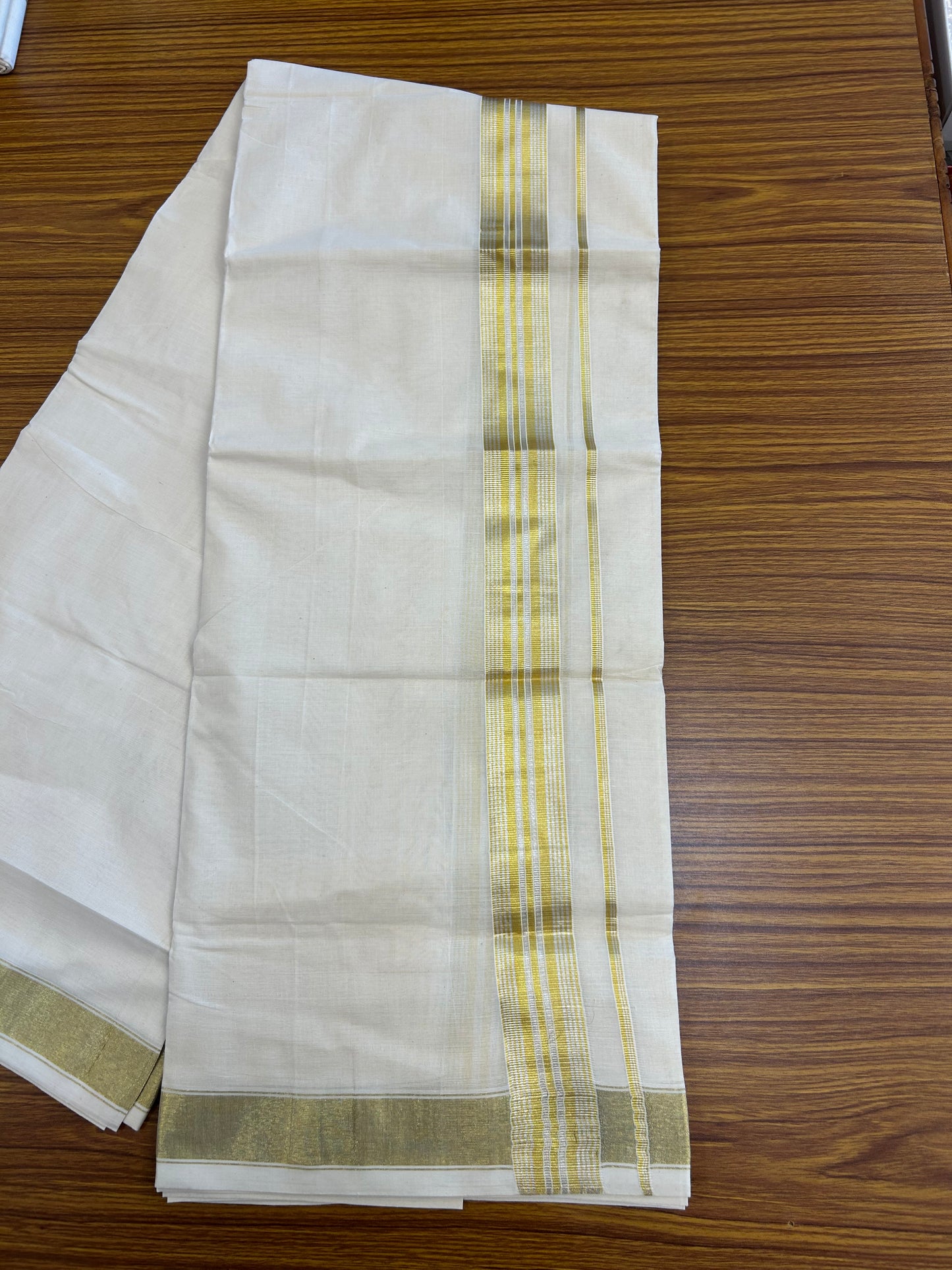 20% Discount ! KaithariKada Balaramapuram - 100% Pure Cotton Off White - (Unbleached) Double Mundu/Dhoti - 100X80 - 1.5 inch Gold Kasavu & Silver Kasavu Striped Kara - 11 KK5250 VIN
