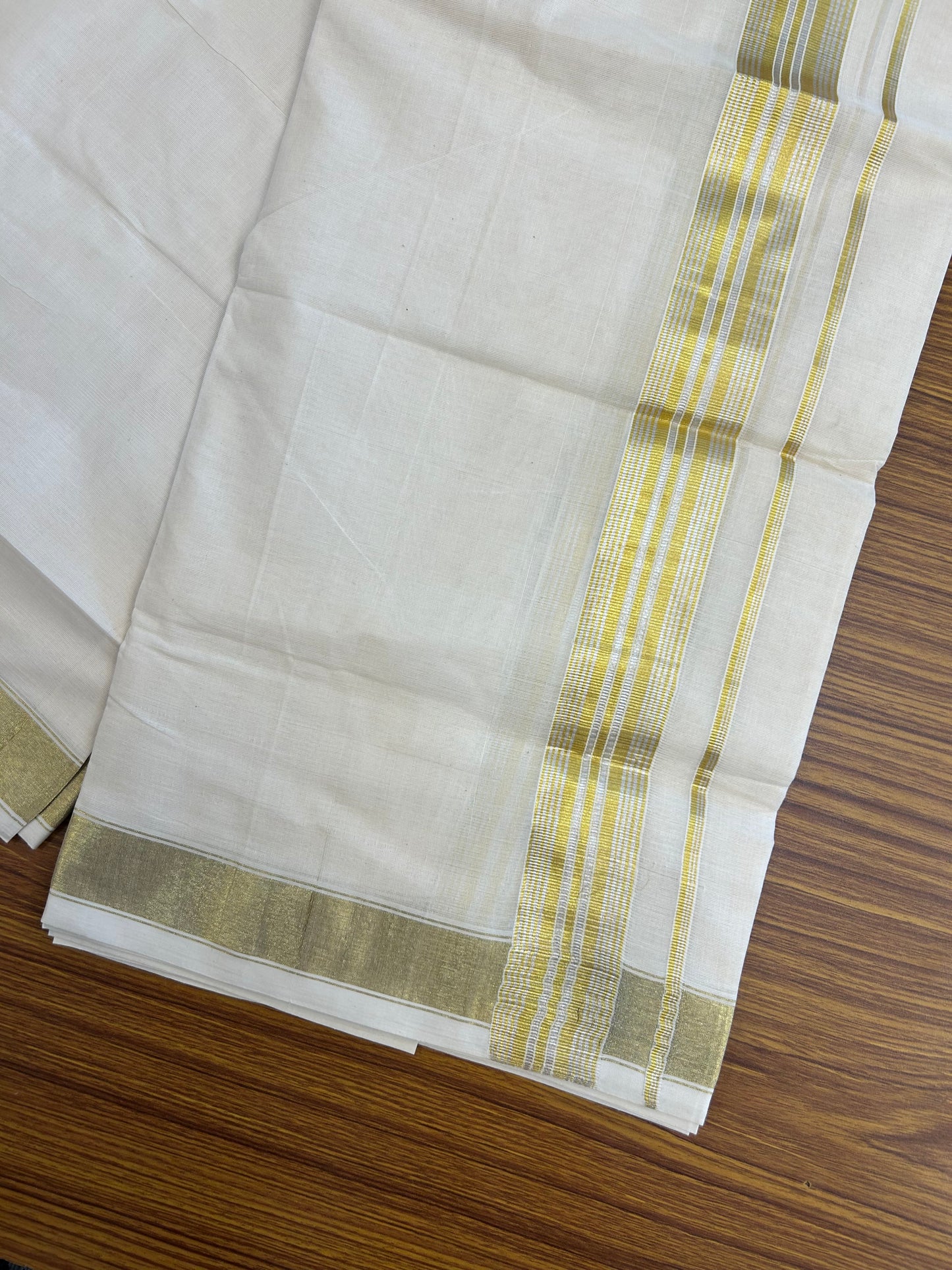 20% Discount ! KaithariKada Balaramapuram - 100% Pure Cotton Off White - (Unbleached) Double Mundu/Dhoti - 100X80 - 1.5 inch Gold Kasavu & Silver Kasavu Striped Kara - 11 KK5250 VIN