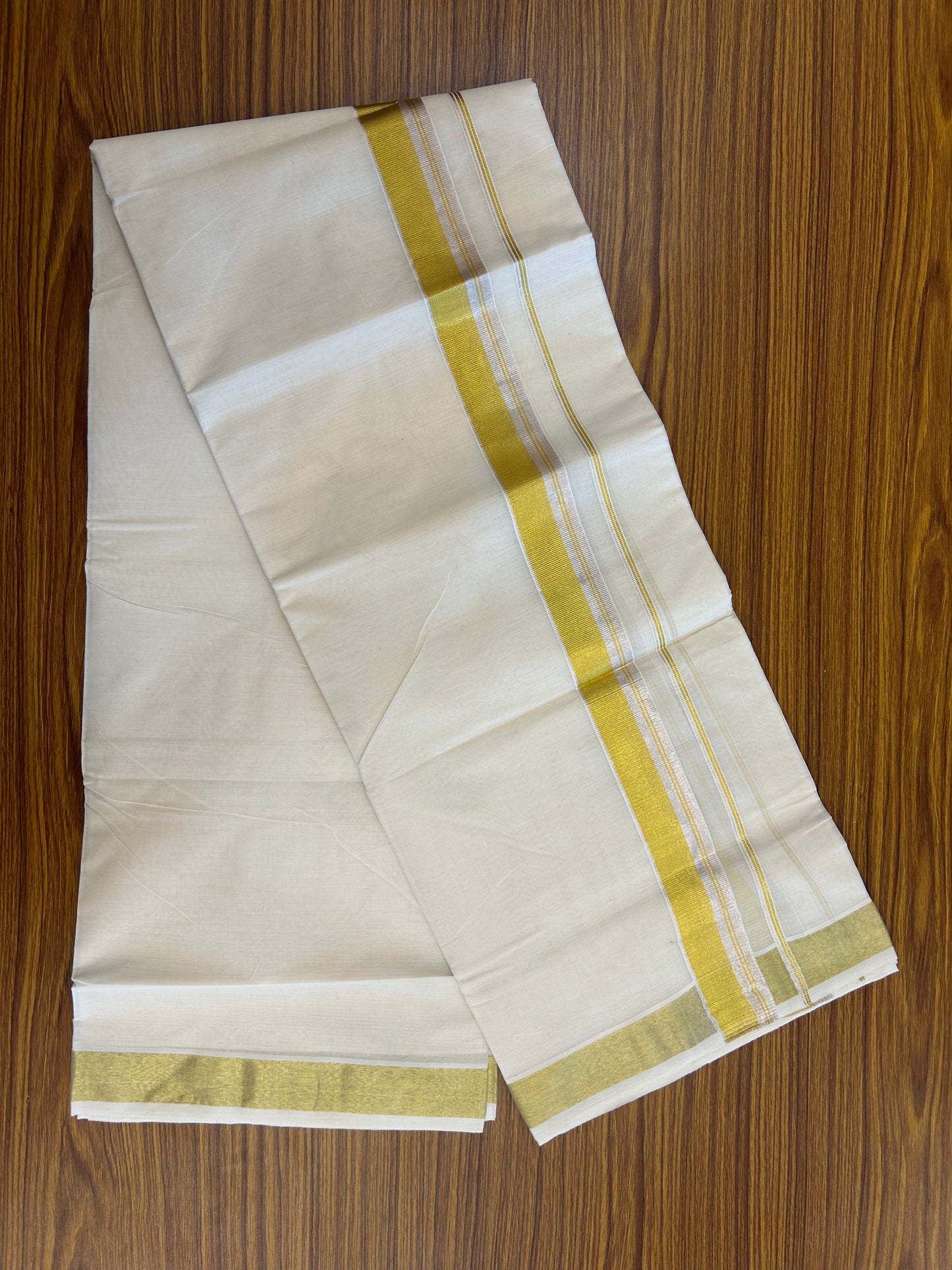 20% Discount ! KaithariKada Balaramapuram - 100% Pure Cotton Off White - (Unbleached) Double Mundu/Dhoti - 100X80 - 1.5 inch Gold Kasavu & Silver Kasavu Striped Kara - 10 KK5250 VIN