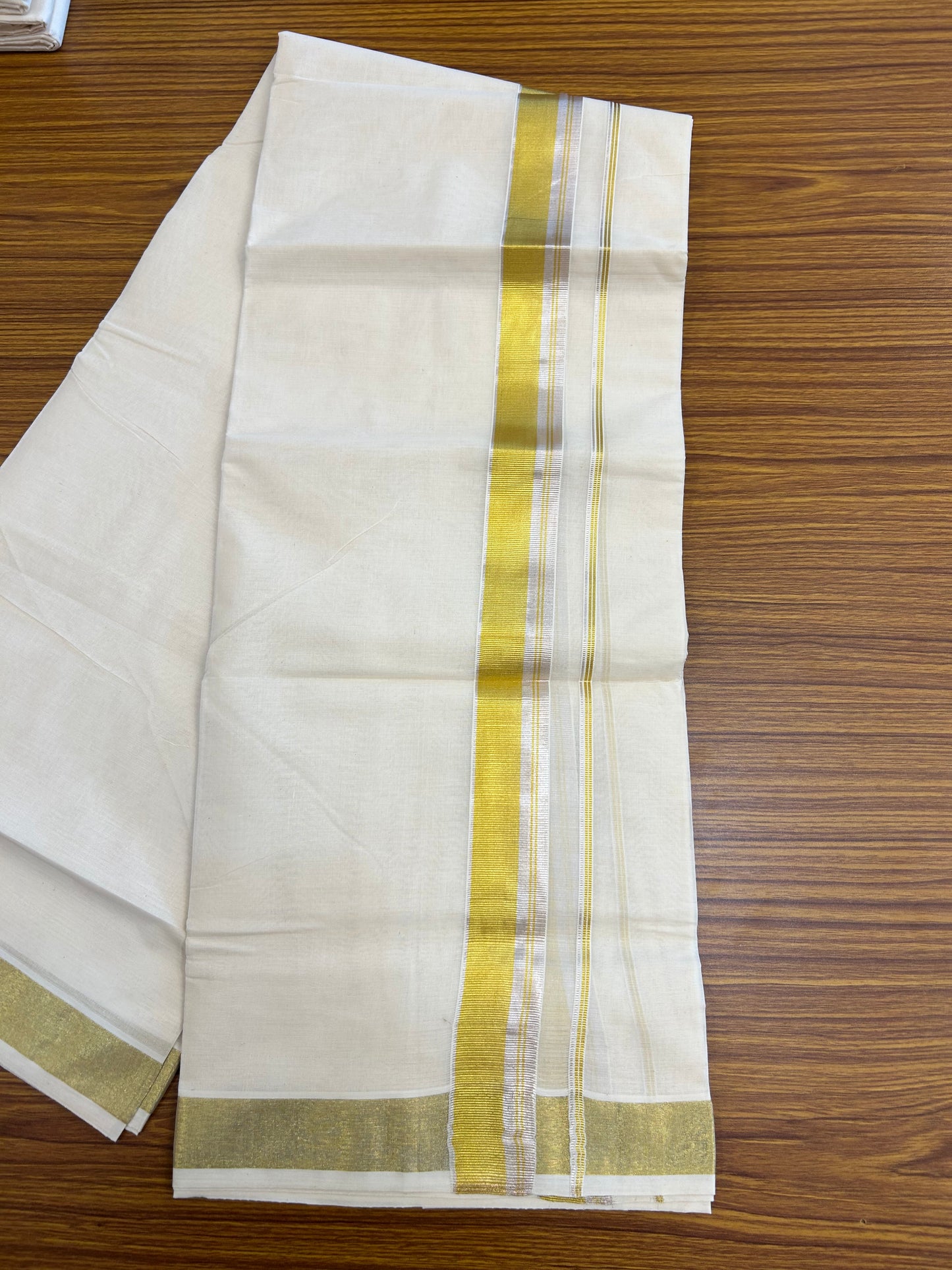 20% Discount ! KaithariKada Balaramapuram - 100% Pure Cotton Off White - (Unbleached) Double Mundu/Dhoti - 100X80 - 1.5 inch Gold Kasavu & Silver Kasavu Striped Kara - 10 KK5250 VIN