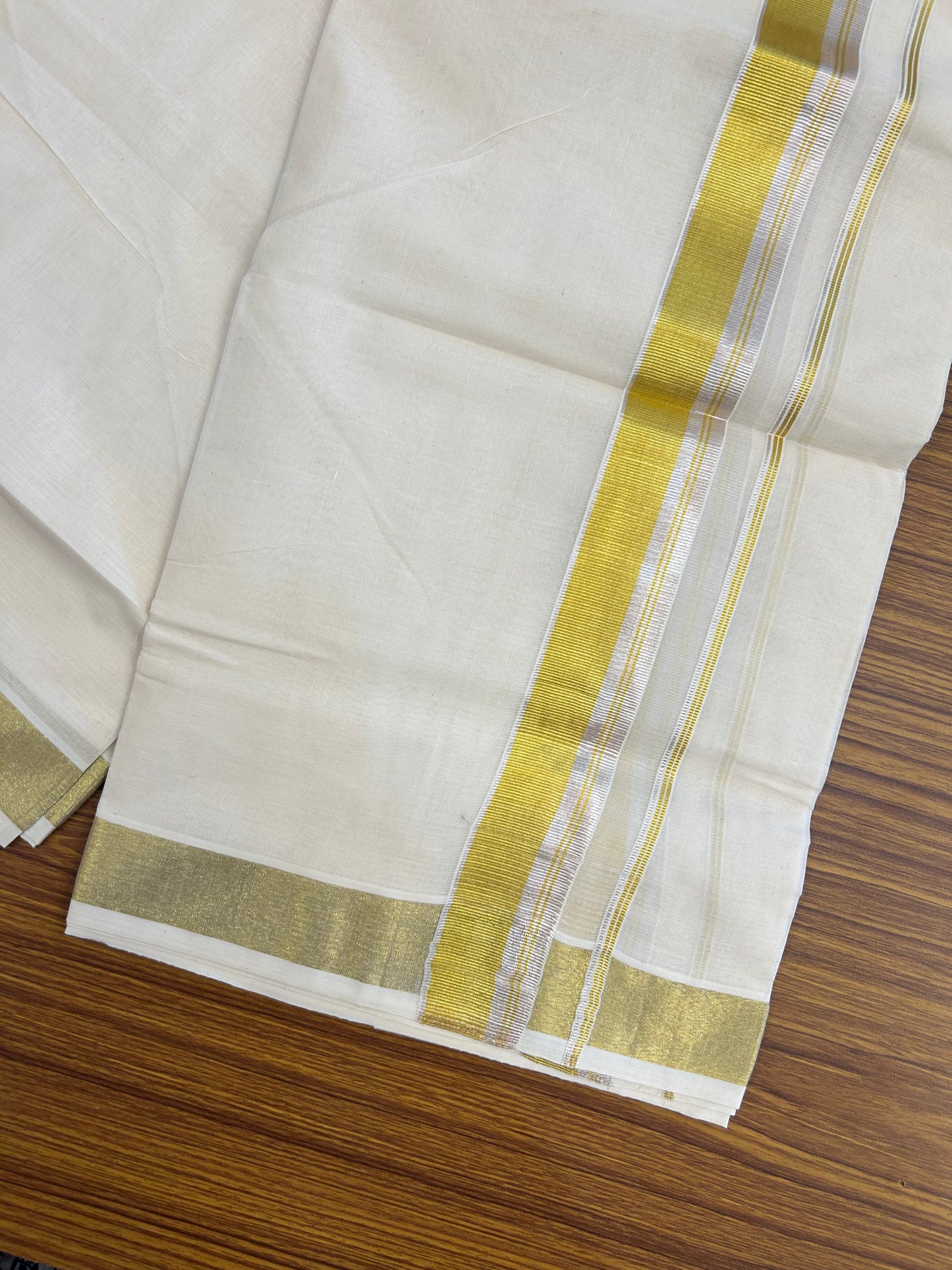 20% Discount ! KaithariKada Balaramapuram - 100% Pure Cotton Off White - (Unbleached) Double Mundu/Dhoti - 100X80 - 1.5 inch Gold Kasavu & Silver Kasavu Striped Kara - 10 KK5250 VIN