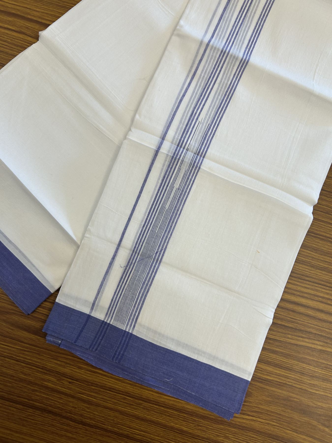 20% Discount ! Kaitharikada Balaramapuram 100% Pure Cotton Double Pure White Mundu/Dhoti - 100x80 - 1.25 inch Blue Shaded Stripes Chutty 3.90 mtr (8 muzham) - 42 KK5312 PMC