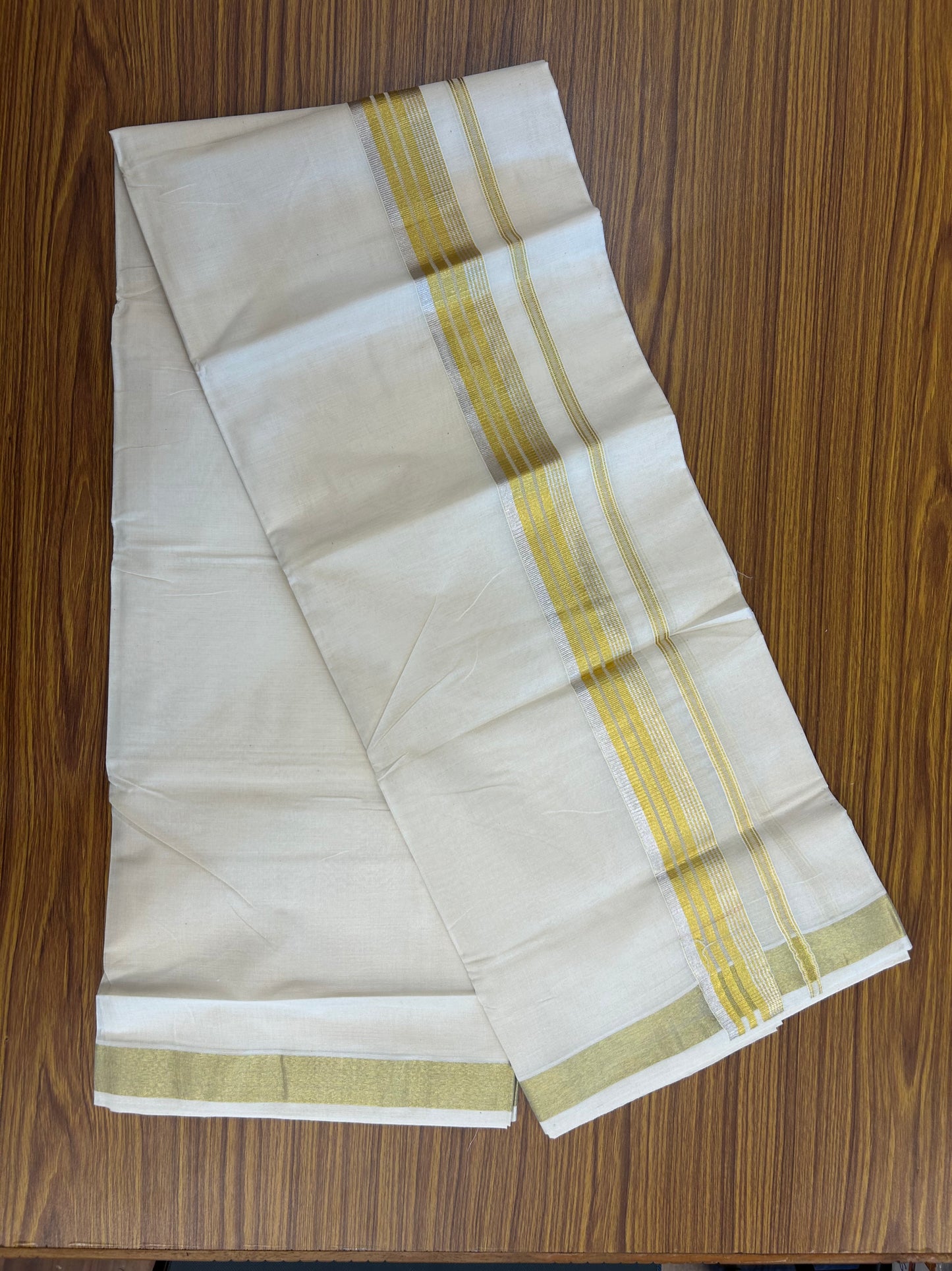 20% Discount ! KaithariKada Balaramapuram - 100% Pure Cotton Off White - (Unbleached) Double Mundu/Dhoti - 100X80 - 1.5 inch Gold Kasavu & Silver Kasavu Striped Kara - 12 KK5250 VIN
