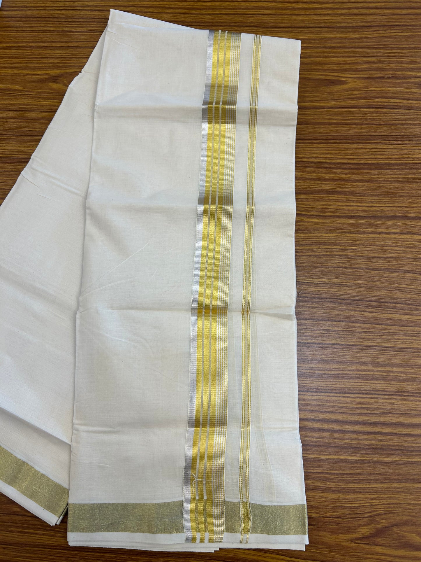 20% Discount ! KaithariKada Balaramapuram - 100% Pure Cotton Off White - (Unbleached) Double Mundu/Dhoti - 100X80 - 1.5 inch Gold Kasavu & Silver Kasavu Striped Kara - 12 KK5250 VIN