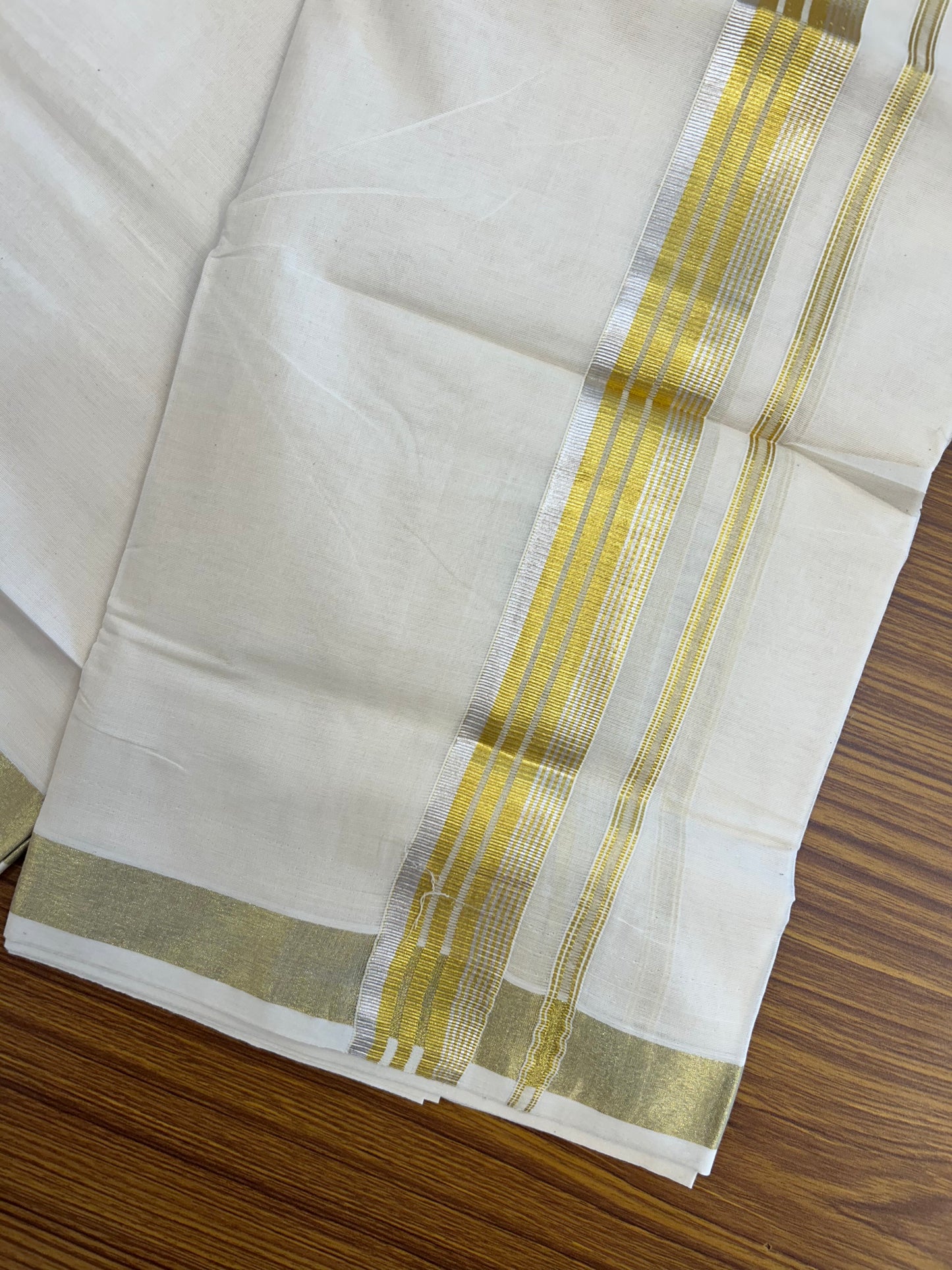 20% Discount ! KaithariKada Balaramapuram - 100% Pure Cotton Off White - (Unbleached) Double Mundu/Dhoti - 100X80 - 1.5 inch Gold Kasavu & Silver Kasavu Striped Kara - 12 KK5250 VIN