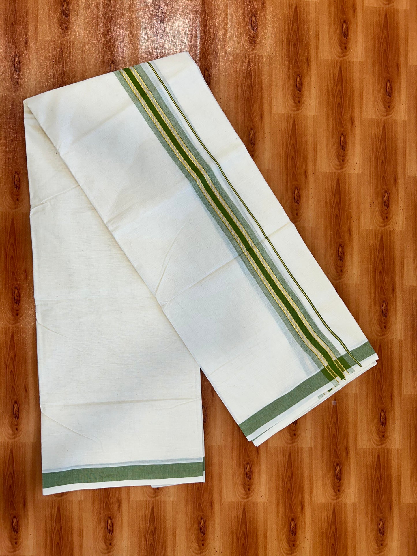 Double Off White - (Unbleached) Mundu/Dhoti - 20% Discount! KaithariKada Balaramapuram Mixed Cotton - 60s - 1.5 inch Gold Kasav & Tissue Green Striped Kara - 4 mtr (8.5 Muzham) - 21 KK5413 GAN