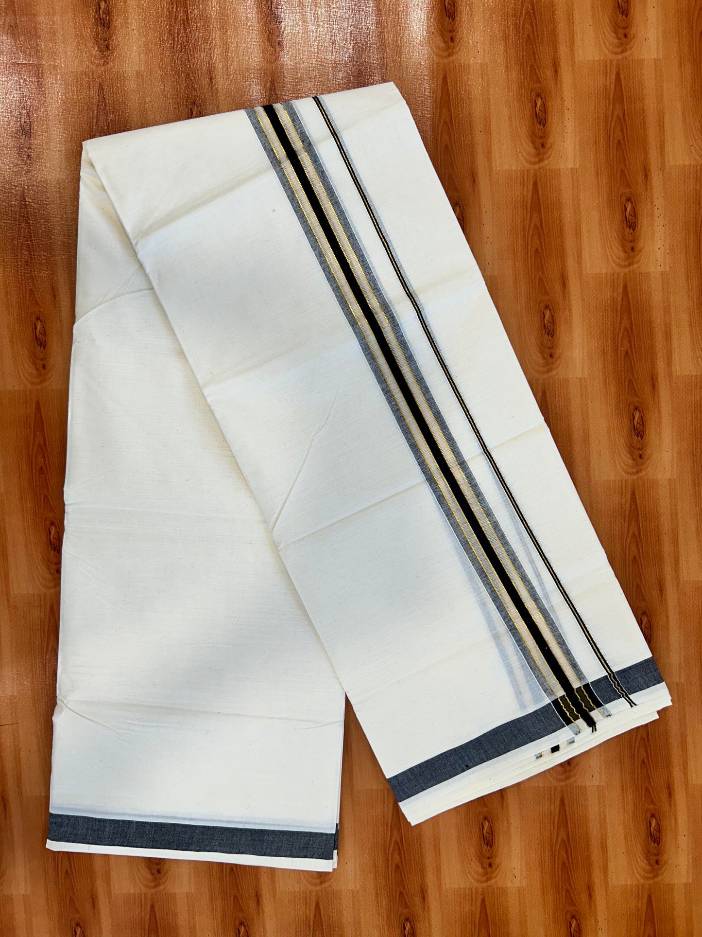 Double Off White - (Unbleached) Mundu/Dhoti - 20% Discount! KaithariKada Balaramapuram Mixed Cotton - 60s - 1.5 inch Gold Kasav & Tissue Black Striped Kara - 4 mtr (8.5 Muzham) - 24 KK5413 GAN