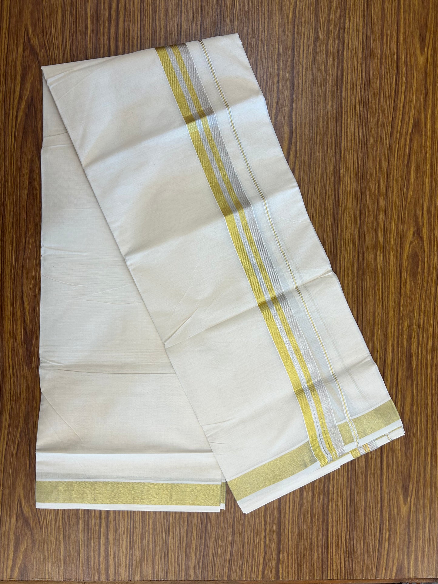 20% Discount ! KaithariKada Balaramapuram - 100% Pure Cotton Off White - (Unbleached) Double Mundu/Dhoti - 100X80 - 1.5 inch Gold Kasavu & Silver Kasavu Striped Kara - 7 KK5250 VIN
