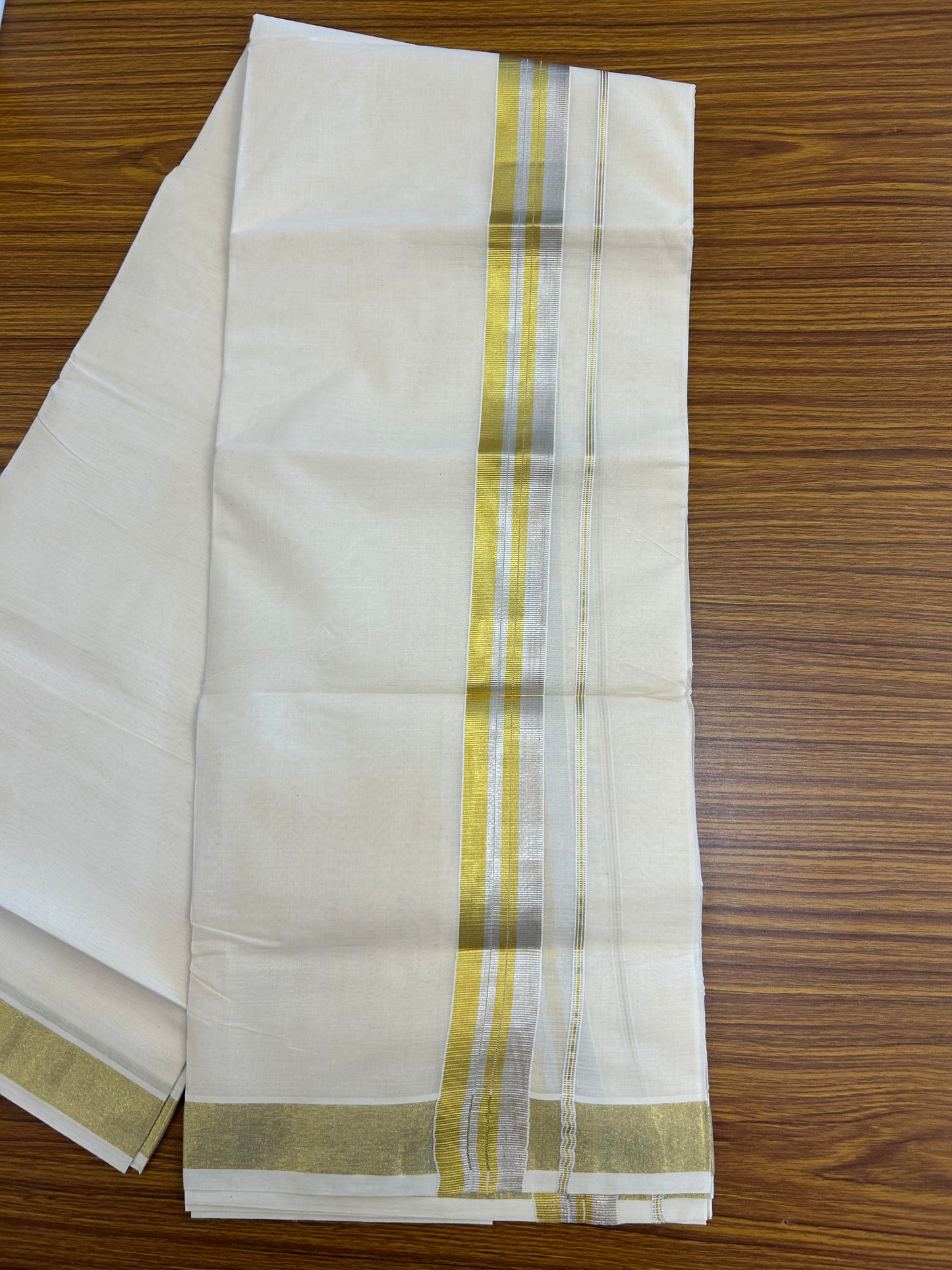 20% Discount ! KaithariKada Balaramapuram - 100% Pure Cotton Off White - (Unbleached) Double Mundu/Dhoti - 100X80 - 1.5 inch Gold Kasavu & Silver Kasavu Striped Kara - 7 KK5250 VIN