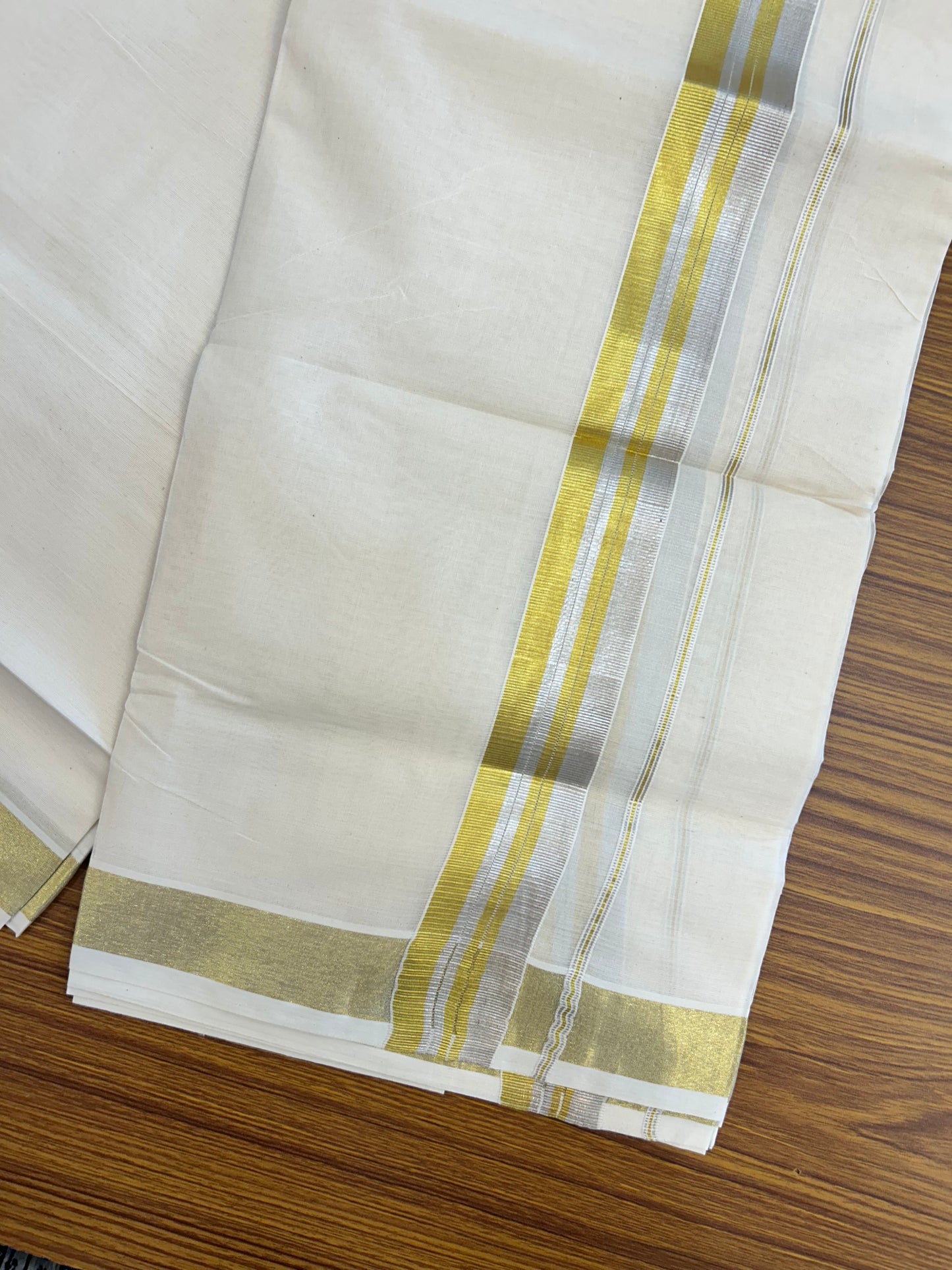 20% Discount ! KaithariKada Balaramapuram - 100% Pure Cotton Off White - (Unbleached) Double Mundu/Dhoti - 100X80 - 1.5 inch Gold Kasavu & Silver Kasavu Striped Kara - 7 KK5250 VIN
