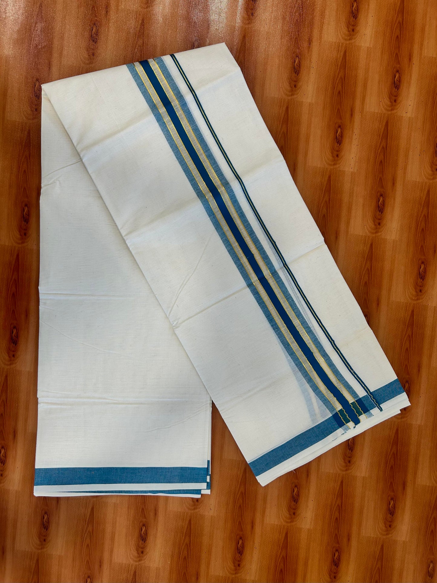 Double Off White - (Unbleached) Mundu/Dhoti - 20% Discount! KaithariKada Balaramapuram Mixed Cotton - 60s - 1.5 inch Gold Kasav & Tissue Peacock Blue Striped Kara - 4 mtr (8.5 Muzham) - 23 KK5413 GAN