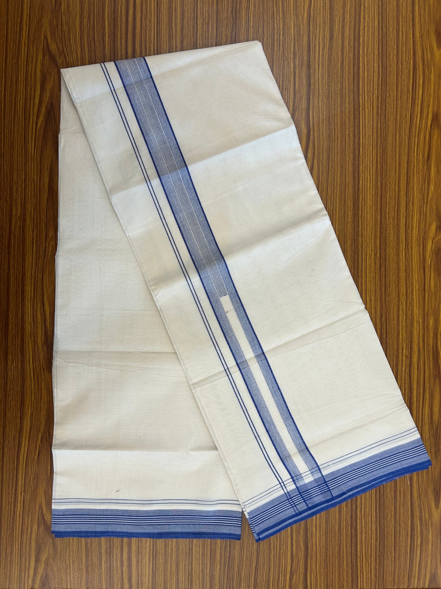 20% Discount ! Kaitharikada Balaramapuram 100% Cotton Off White Double Mundu/Dothi - 100x80- 1.5 Inch Dark Blue Striped Design Kara 4mtr (8.5 muzham)- 15 KK5250 VIN