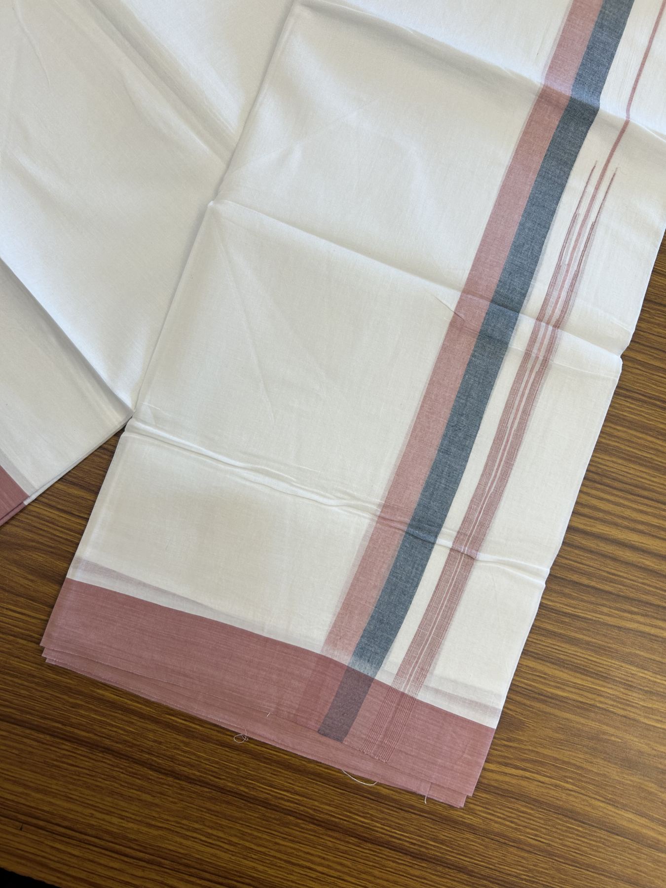 20% Discount ! Kaitharikada Balaramapuram 100% Pure Cotton Double Pure White Mundu/Dhoti - 100x80 - 1.25 inch Dusty Pink & Teal Green Striped Shaded Chutty 3.90 mtr (8 muzham) - 13 KK5312 PMC