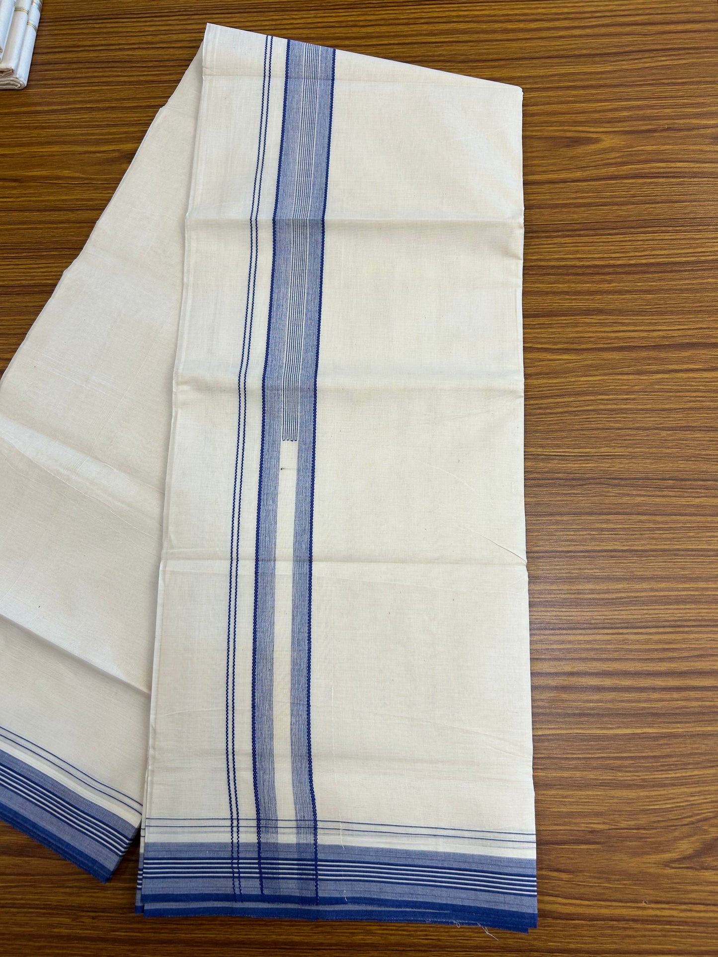 20% Discount ! Kaitharikada Balaramapuram 100% Cotton Off White Double Mundu/Dothi - 100x80- 1.5 Inch Dark Blue Striped Design Kara 4mtr (8.5 muzham)- 15 KK5250 VIN
