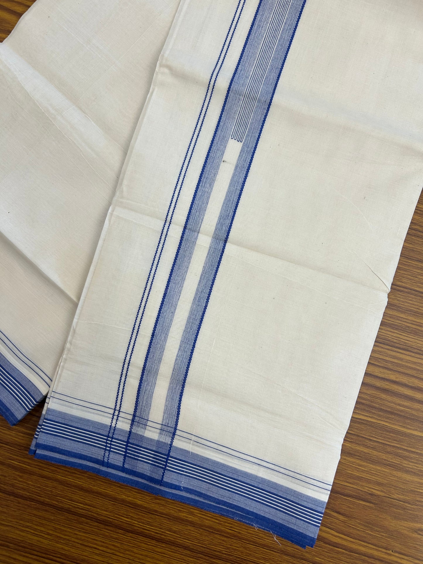 20% Discount ! Kaitharikada Balaramapuram 100% Cotton Off White Double Mundu/Dothi - 100x80- 1.5 Inch Dark Blue Striped Design Kara 4mtr (8.5 muzham)- 15 KK5250 VIN