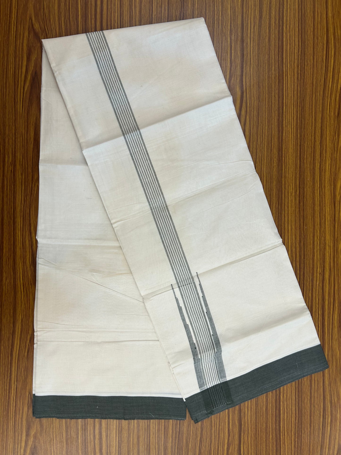 20% Discount ! Kaitharikada Balaramapuram 100% Cotton Off White Double Mundu/Dothi - 100x80- 2 Inch Puliyilakkara Sage Green Striped Chutty Kara - 4mtr (8.5muzham)- 20 KK5250 VIN