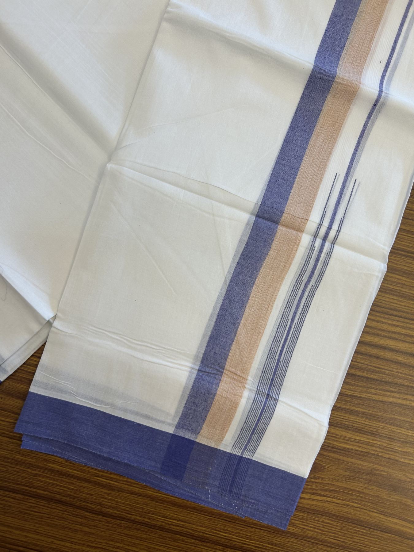 20% Discount ! Kaitharikada Balaramapuram 100% Pure Cotton Double Pure White Mundu/Dhoti - 100x80 - 1.25 inch Blue & Peach Orange Striped Shaded Chutty 3.90 mtr (8 muzham) - 22 KK5312 PMC