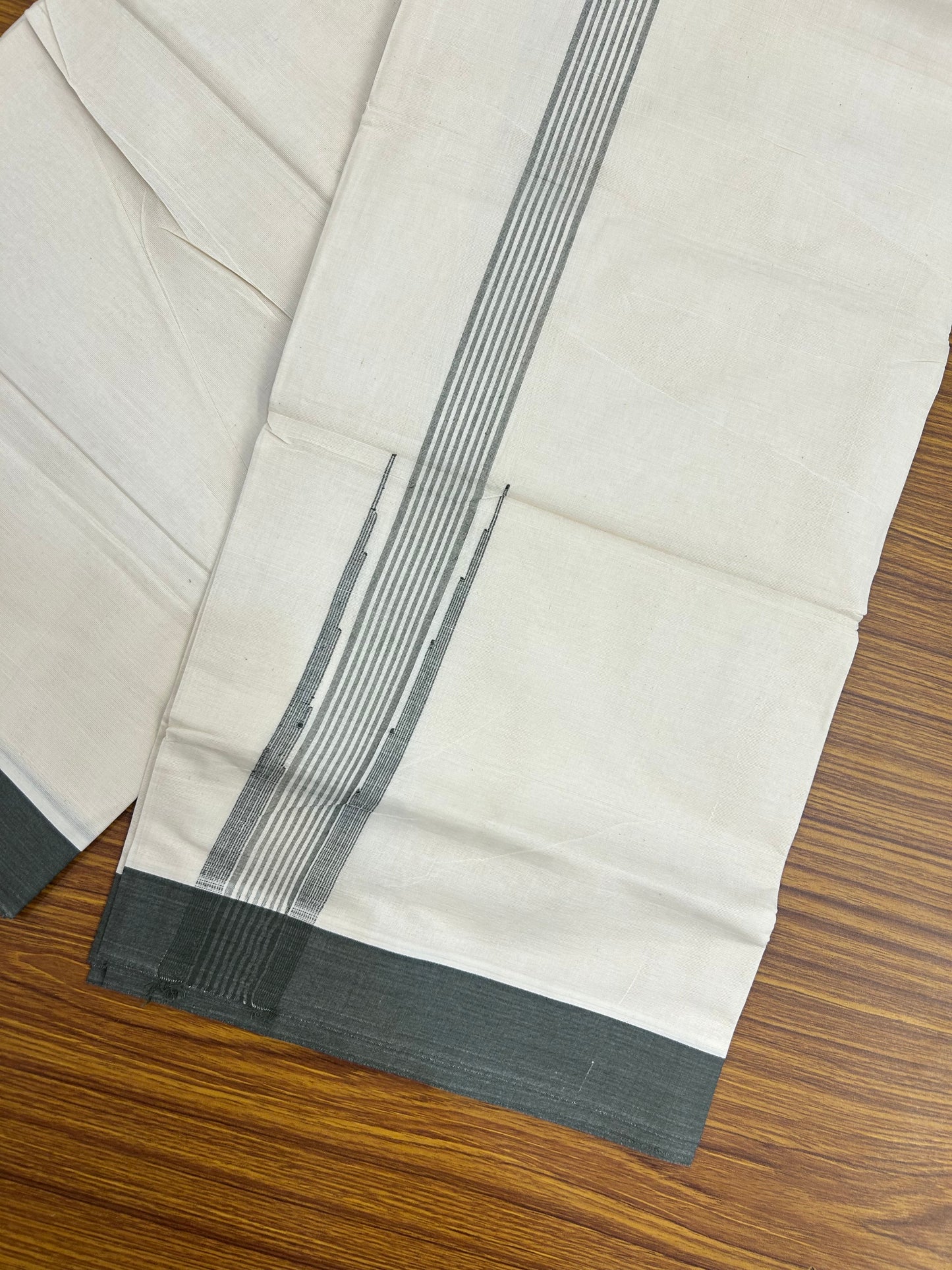 20% Discount ! Kaitharikada Balaramapuram 100% Cotton Off White Double Mundu/Dothi - 100x80- 2 Inch Puliyilakkara Sage Green Striped Chutty Kara - 4mtr (8.5muzham)- 20 KK5250 VIN