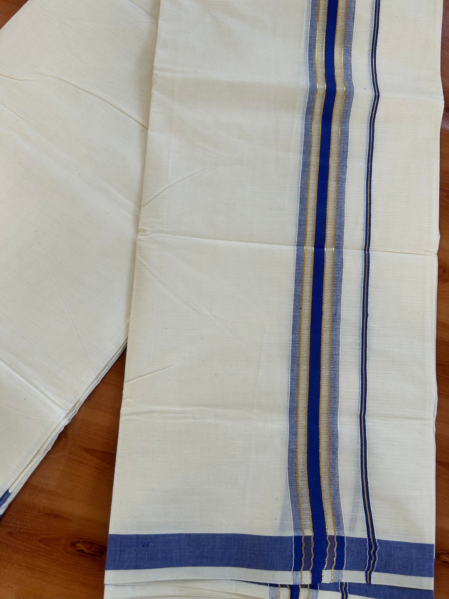 Double Off White - (Unbleached) Mundu/Dhoti - 20% Discount! KaithariKada Balaramapuram Mixed Cotton - 60s - 1.5 inch Gold Kasav & Tissue Violet Blue Striped Kara - 4 mtr (8.5 Muzham) - 25 KK5413 GAN