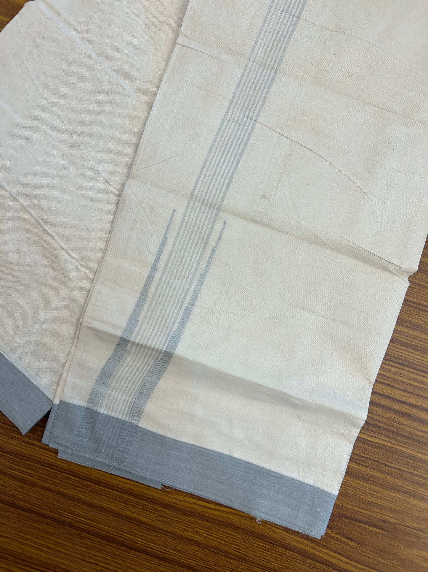 20% Discount ! Kaitharikada Balaramapuram 100% Cotton Off White Double Mundu/Dothi - 100x80- 2 Inch Puliyilakkara Ash Blue Striped Chutty Kara - 4mtr (8.5muzham)- 22 KK5250 VIN
