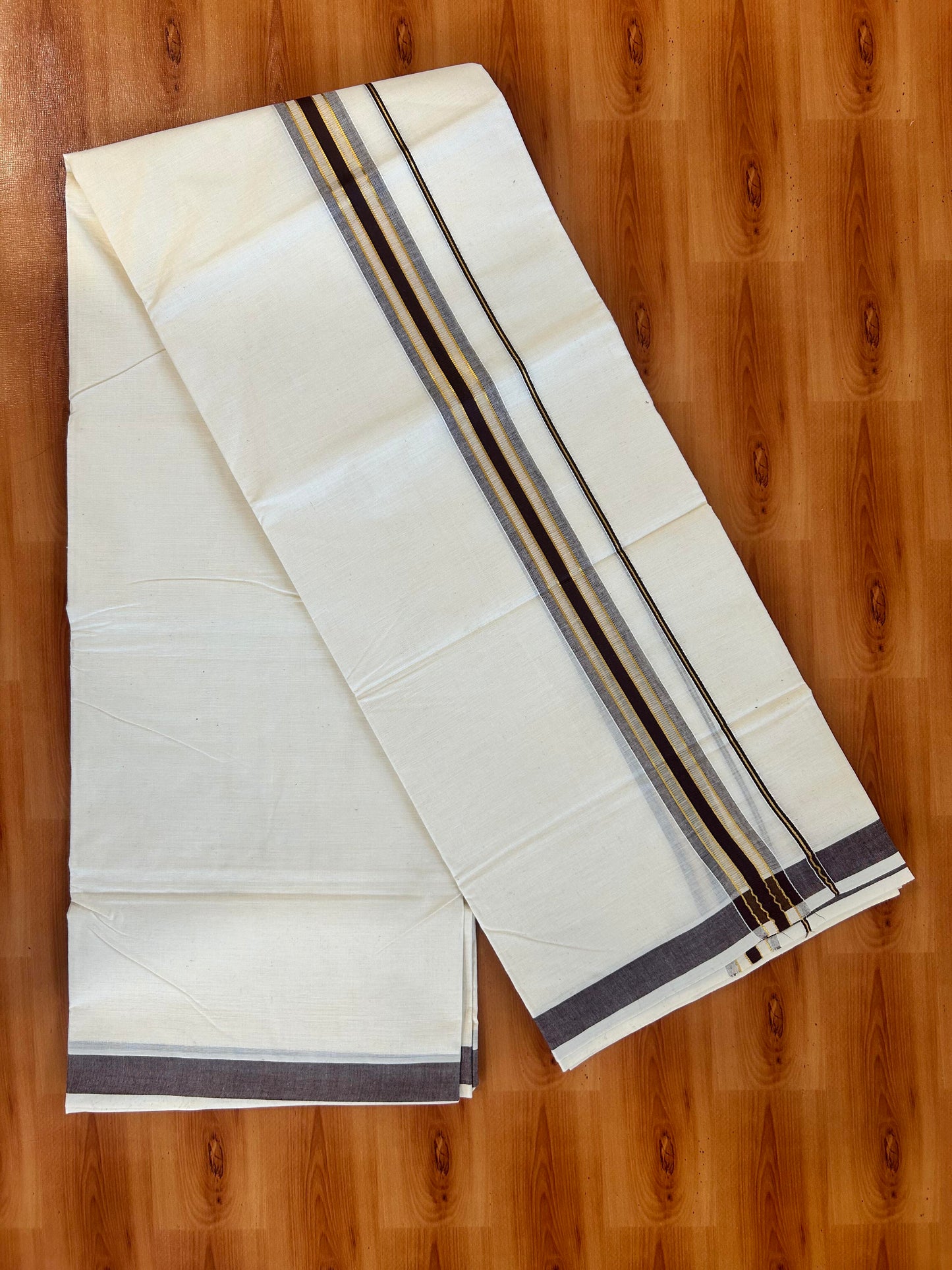 Double Off White - (Unbleached) Mundu/Dhoti - 20% Discount! KaithariKada Balaramapuram Mixed Cotton - 60s - 1.5 inch Gold Kasav & Tissue Brown Striped Kara - 4 mtr (8.5 Muzham) - 22 KK5413 GAN