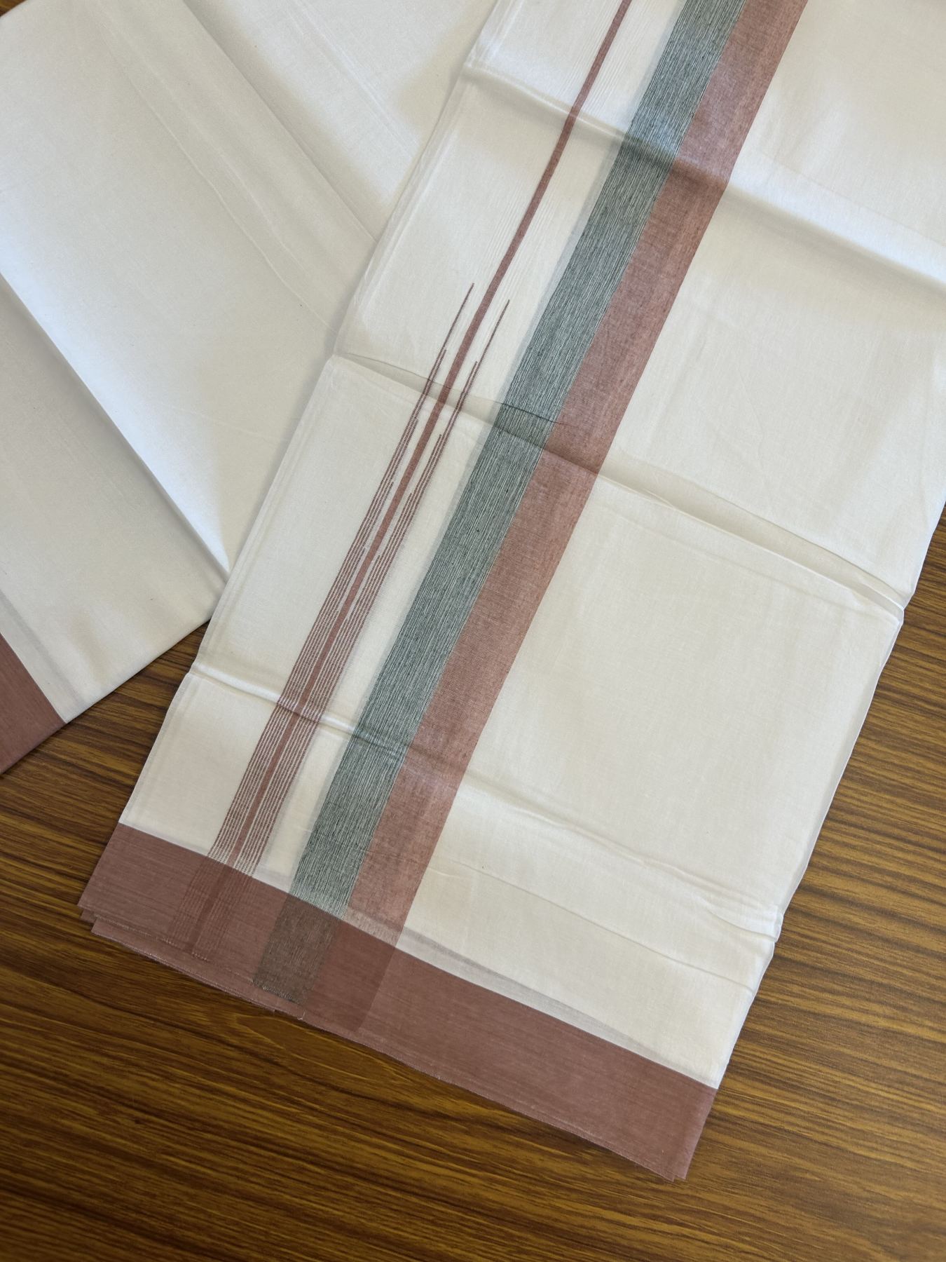 20% Discount ! Kaitharikada Balaramapuram 100% Pure Cotton Double Pure White Mundu/Dhoti - 100x80 - 1.5 inch Dusty Rose & Teal Green Striped Shaded Chutty 3.90 mtr (8 muzham) - 18 KK5312 PMC