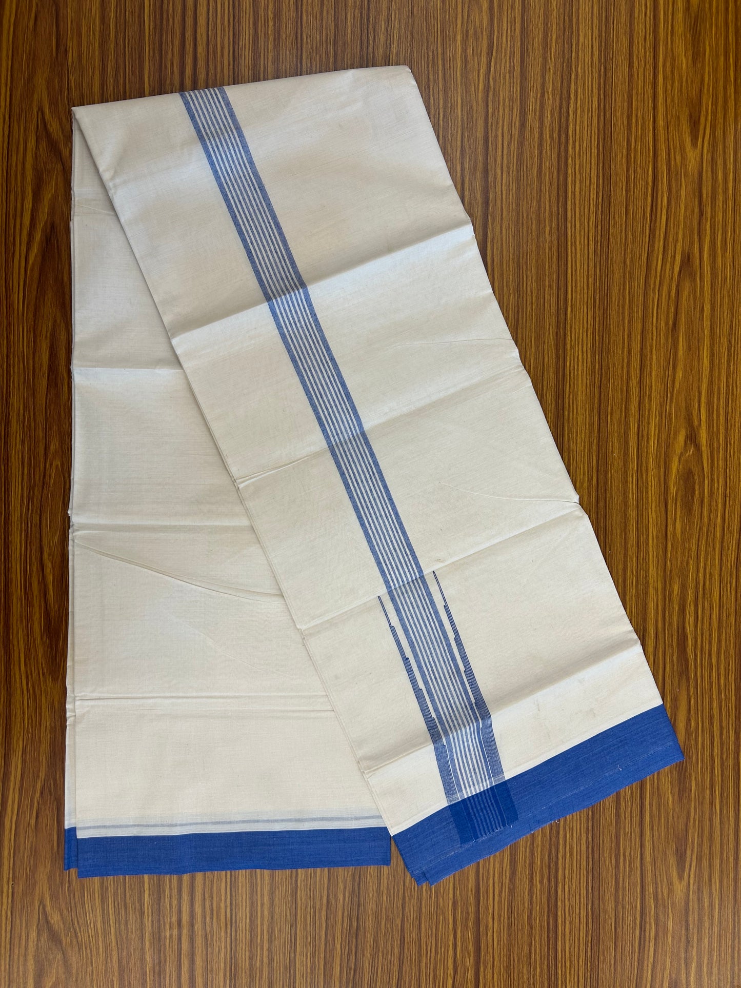 20% Discount ! Kaitharikada Balaramapuram 100% Cotton Off White Double Mundu/Dothi - 100x80- 2 Inch Puliyilakkara Blue Striped Chutty Kara - 4mtr (8.5muzham)- 24 KK5250 VIN