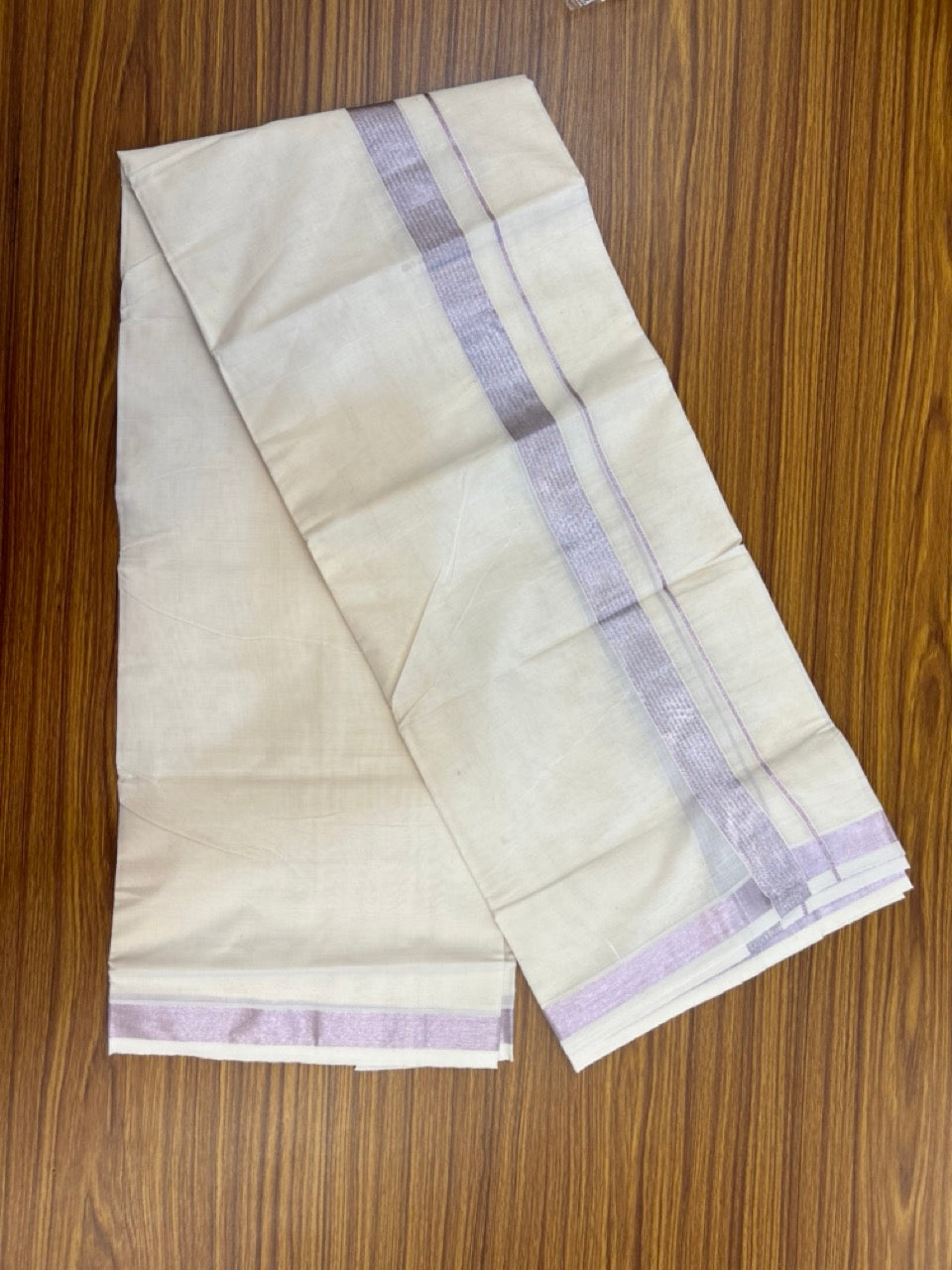 20% Discount ! Kaitharikada Balaramapuram 100% Cotton Off White Double Mundu/Dothi - 100x80- 1.25 Inch Silver Kasav & Rose Pink Kasav Striped Kara - 4mtr (8.5muzham)- 2 KK5279 CKS