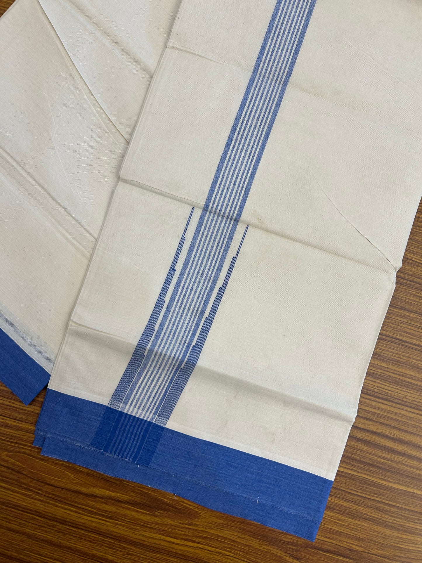 20% Discount ! Kaitharikada Balaramapuram 100% Cotton Off White Double Mundu/Dothi - 100x80- 2 Inch Puliyilakkara Blue Striped Chutty Kara - 4mtr (8.5muzham)- 24 KK5250 VIN