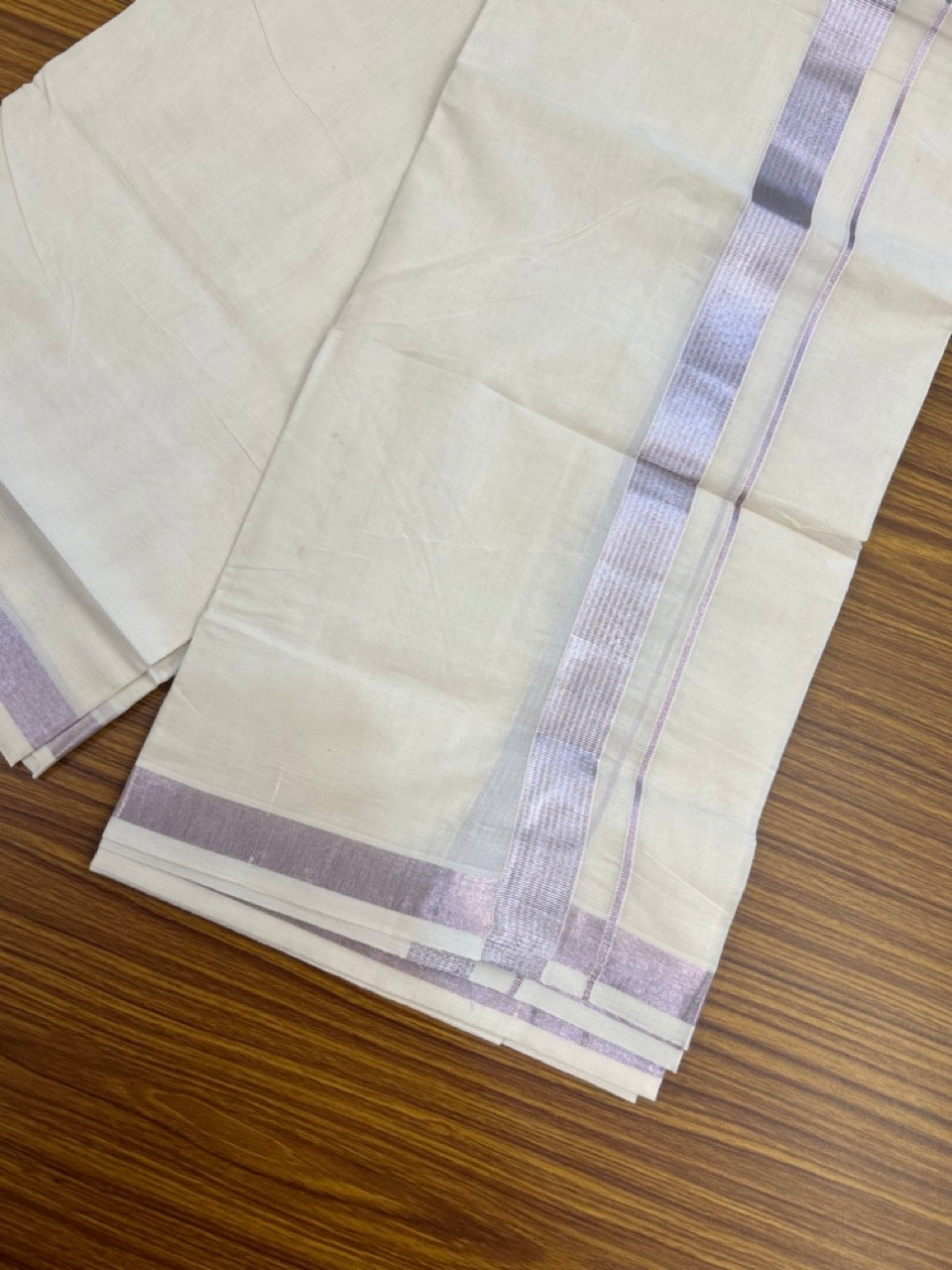 20% Discount ! Kaitharikada Balaramapuram 100% Cotton Off White Double Mundu/Dothi - 100x80- 1.25 Inch Silver Kasav & Rose Pink Kasav Striped Kara - 4mtr (8.5muzham)- 2 KK5279 CKS