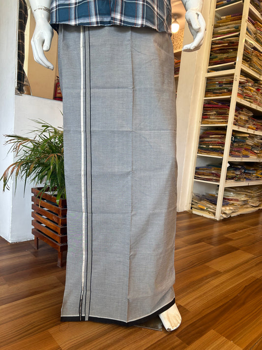 33% Discount !! KaithariKada 100% Pure Cotton - Colour Mundu Single Mundu/ Dhothi Ash Grey COLOUR BODY &  Black Striped Silver Chutty 1.25 inch Kara - 1.92 mtr & Above 2 mtr (2 metre / 4 muzham) - 8KK5030ASH