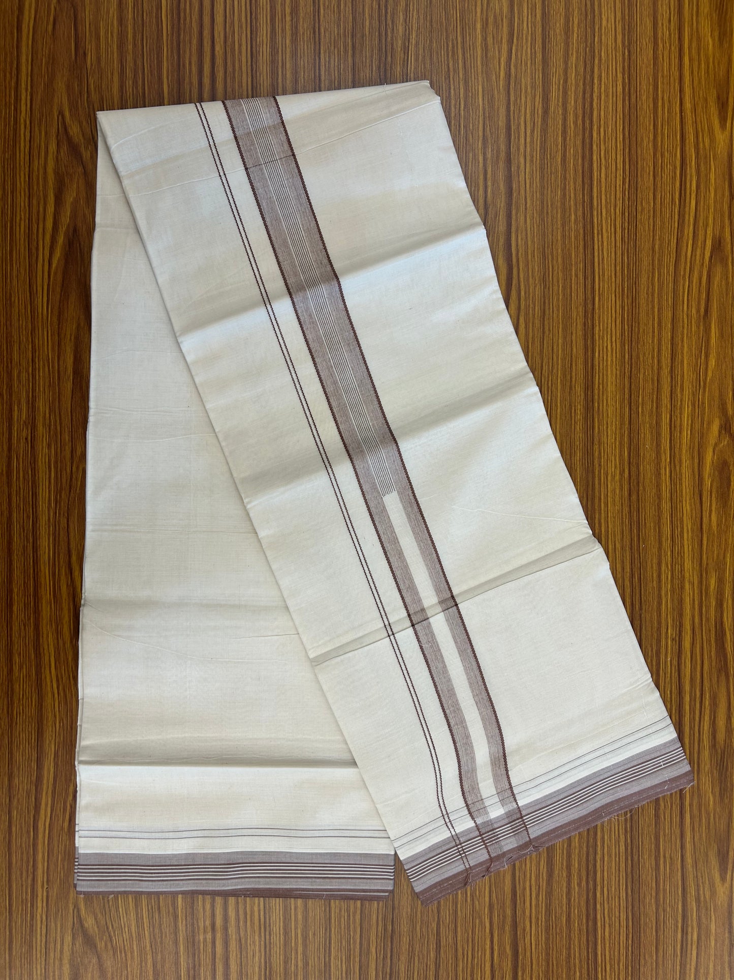 20% Discount ! Kaitharikada Balaramapuram 100% Cotton Off White Double Mundu/Dothi - 100x80- 1.5 Inch Brown Striped Design Kara - 4mtr (8.5muzham)- 16 KK5250 VIN