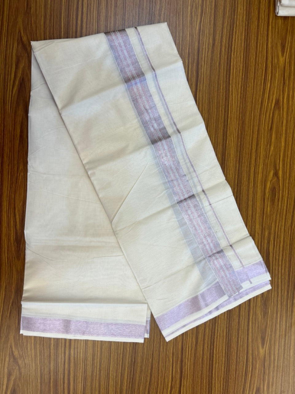 20% Discount ! Kaitharikada Balaramapuram 100% Cotton Off White Double Mundu/Dothi - 100x80- 1.5 Inch Silver Kasav & Rose Pink Kasav Striped Kara - 4mtr (8.5muzham)- 5 KK5279 CKS