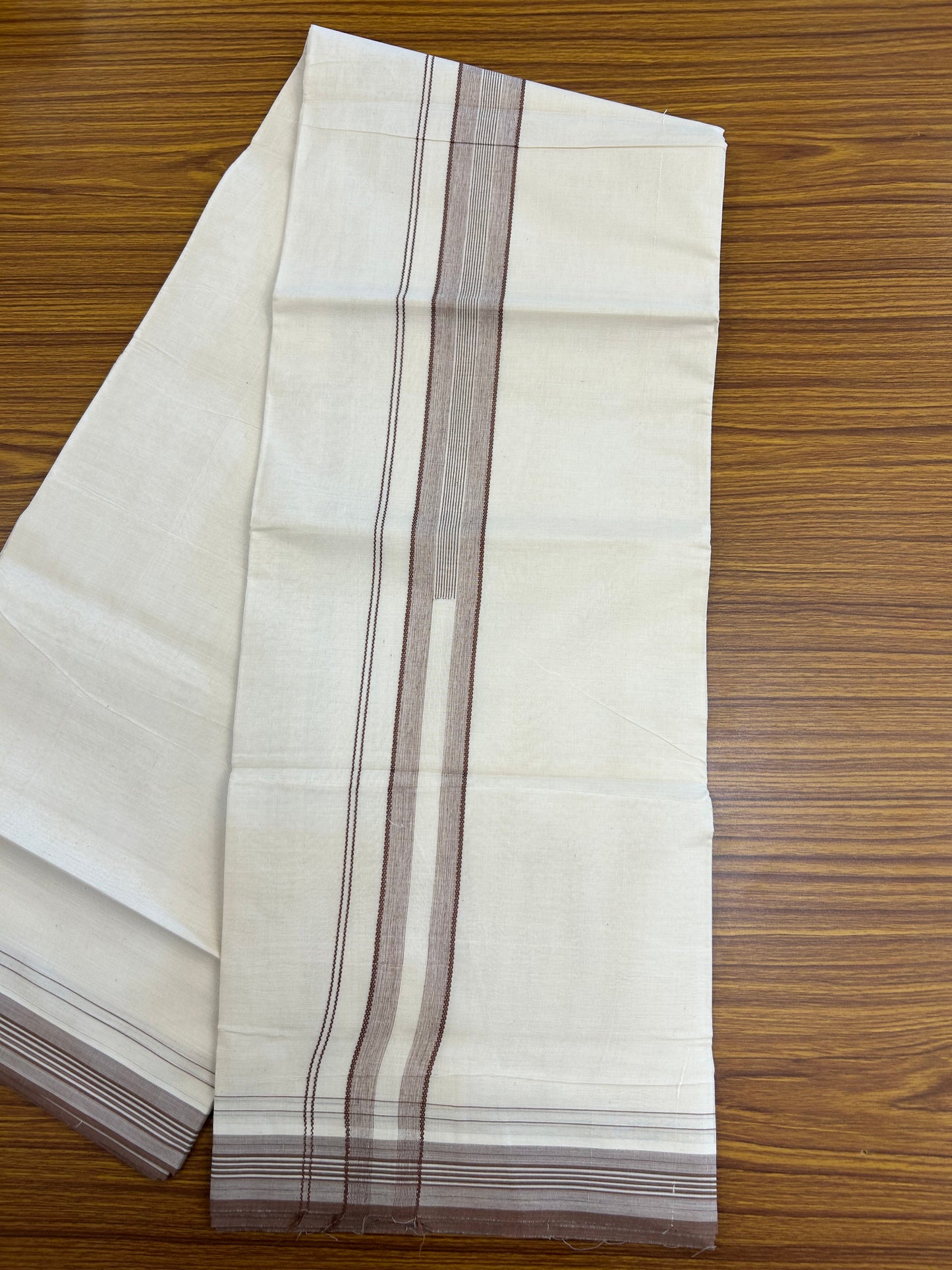 20% Discount ! Kaitharikada Balaramapuram 100% Cotton Off White Double Mundu/Dothi - 100x80- 1.5 Inch Brown Striped Design Kara - 4mtr (8.5muzham)- 16 KK5250 VIN