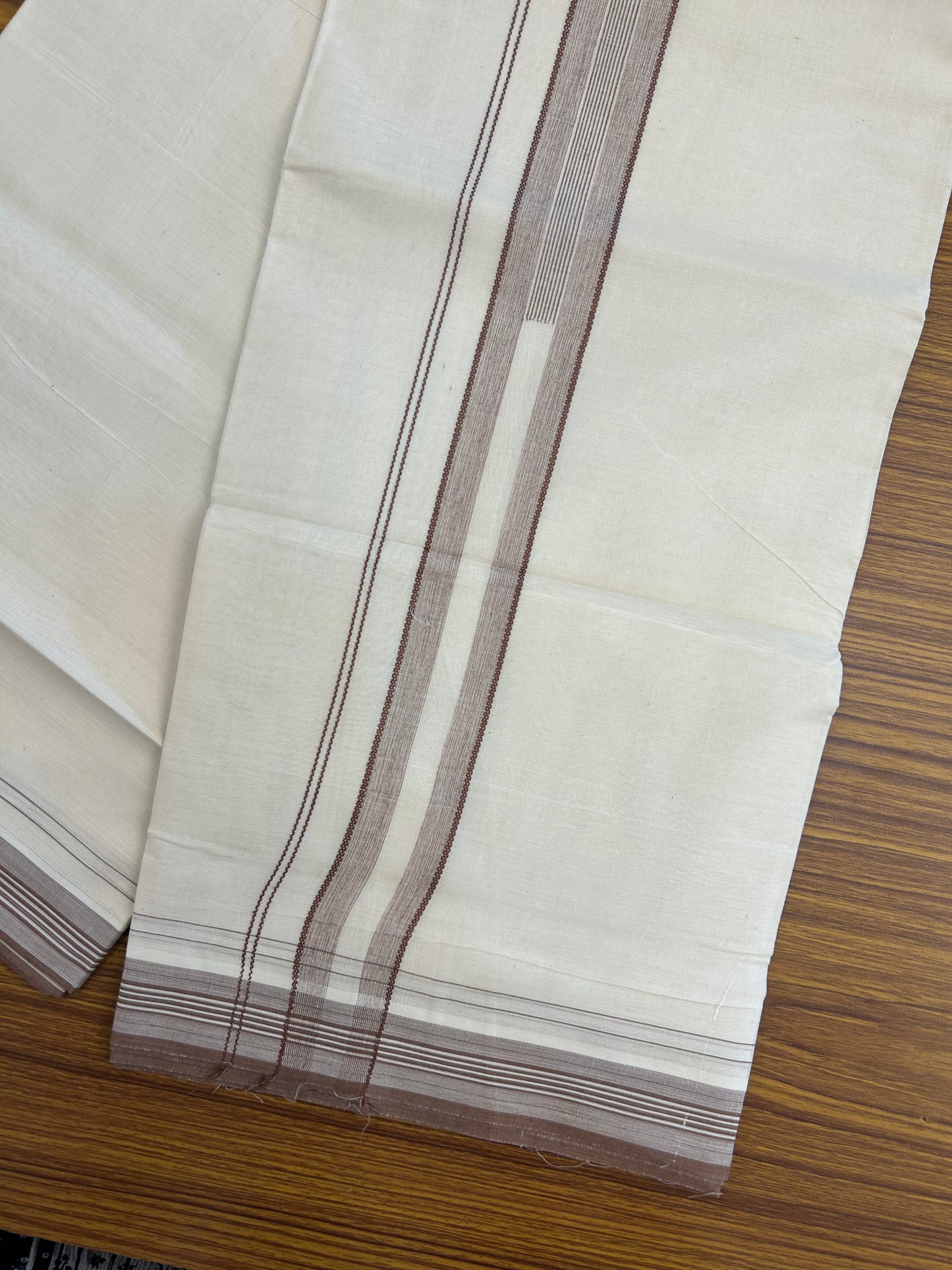 20% Discount ! Kaitharikada Balaramapuram 100% Cotton Off White Double Mundu/Dothi - 100x80- 1.5 Inch Brown Striped Design Kara - 4mtr (8.5muzham)- 16 KK5250 VIN