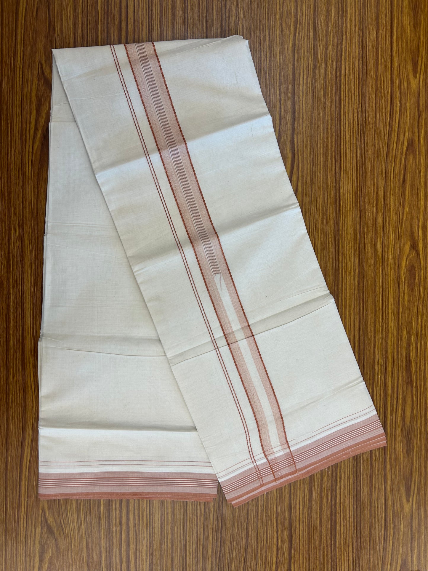 20% Discount ! Kaitharikada Balaramapuram 100% Cotton Off White Double Mundu/Dothi - 100x80- 1.5 Inch Brick Brown Striped Design Kara - 4mtr (8.5muzham)- 17 KK5250 VIN