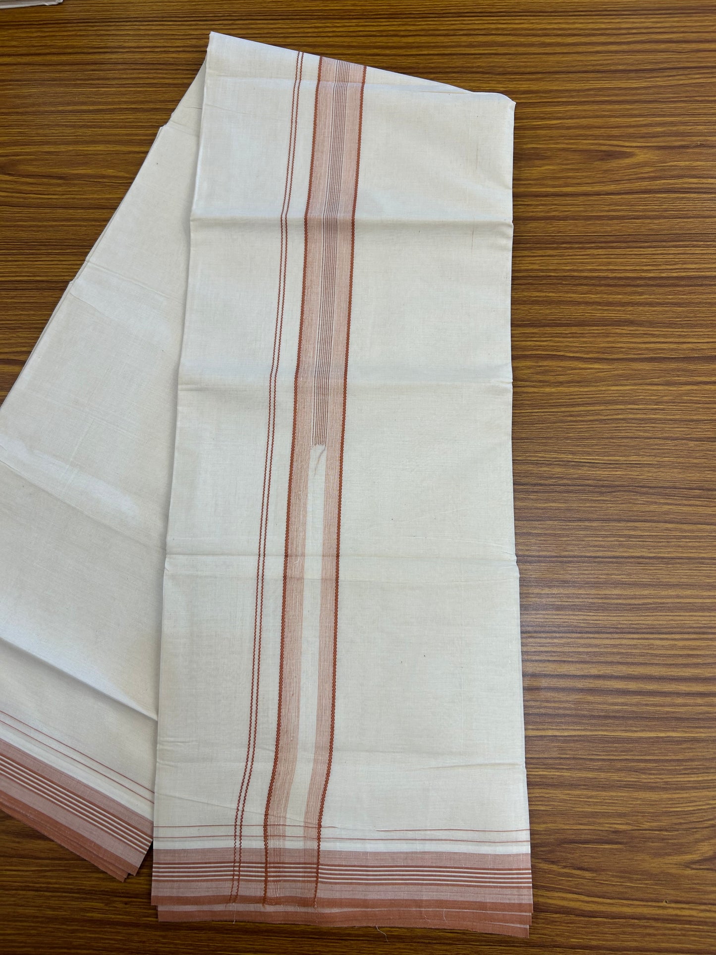 20% Discount ! Kaitharikada Balaramapuram 100% Cotton Off White Double Mundu/Dothi - 100x80- 1.5 Inch Brick Brown Striped Design Kara - 4mtr (8.5muzham)- 17 KK5250 VIN