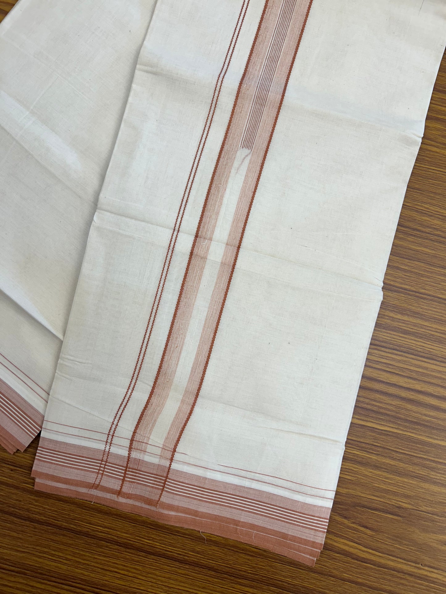 20% Discount ! Kaitharikada Balaramapuram 100% Cotton Off White Double Mundu/Dothi - 100x80- 1.5 Inch Brick Brown Striped Design Kara - 4mtr (8.5muzham)- 17 KK5250 VIN