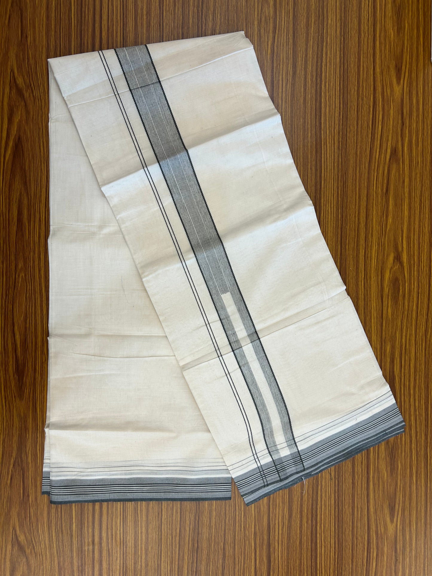 20% Discount ! Kaitharikada Balaramapuram 100% Cotton Off White Double Mundu/Dothi - 100x80- 1.5 Inch Sage Green Striped Design Kara - 4mtr (8.5muzham)- 18 KK5250 VIN