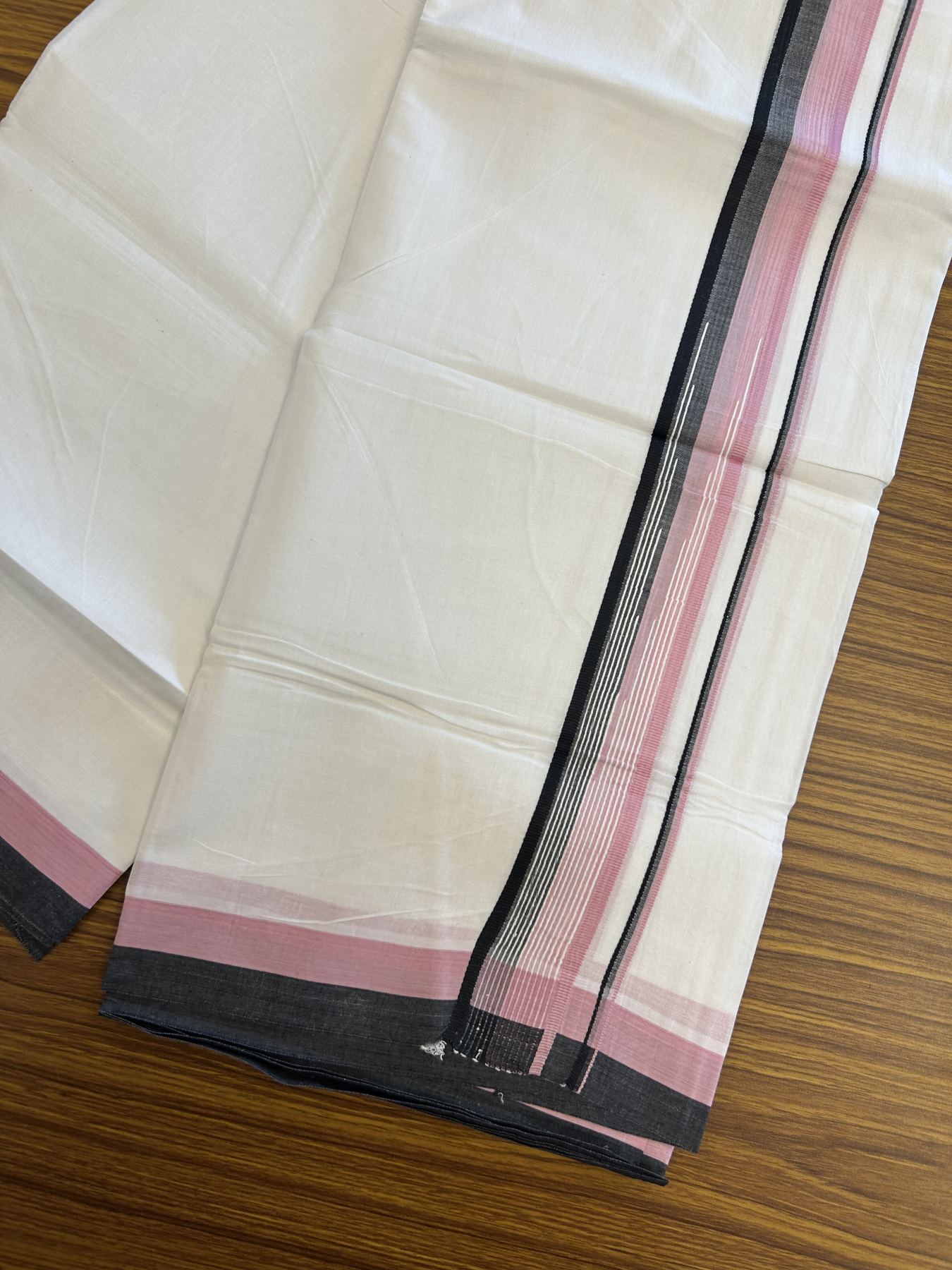 20% Discount ! Kaitharikada Balaramapuram 100% Pure Cotton Double Pure White Mundu/Dhoti - 100x80 - 1.5 inch Pinkish Lavender & Black Striped Chutty 3.90 mtr (8 muzham) - 11 KK5312 PMC