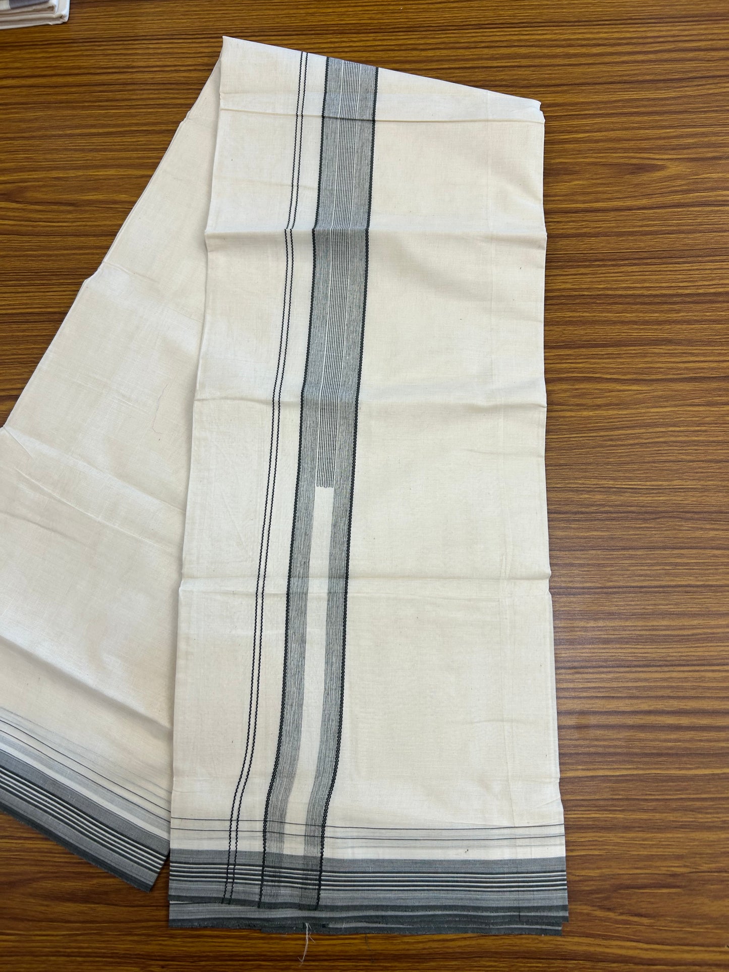 20% Discount ! Kaitharikada Balaramapuram 100% Cotton Off White Double Mundu/Dothi - 100x80- 1.5 Inch Sage Green Striped Design Kara - 4mtr (8.5muzham)- 18 KK5250 VIN