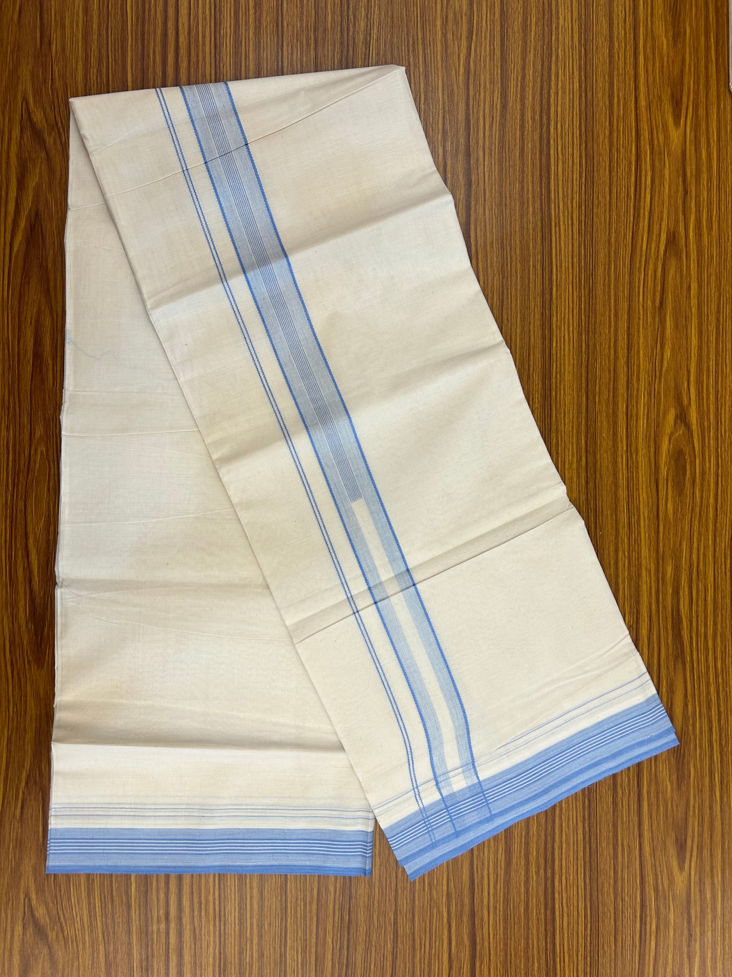 20% Discount ! Kaitharikada Balaramapuram 100% Cotton Off White Double Mundu/Dothi - 100x80- 1.5 Inch Blue Striped Design Kara - 4mtr (8.5muzham)- 19 KK5250 VIN