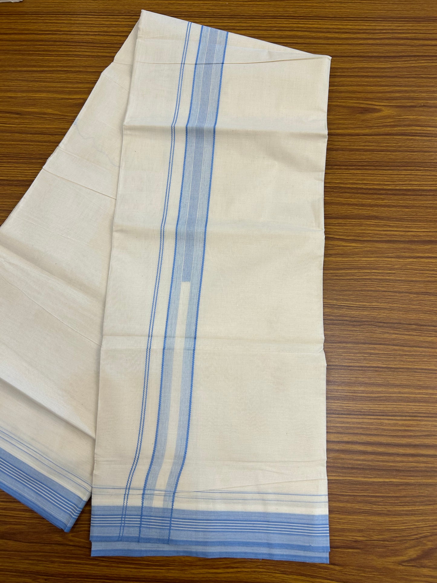 20% Discount ! Kaitharikada Balaramapuram 100% Cotton Off White Double Mundu/Dothi - 100x80- 1.5 Inch Blue Striped Design Kara - 4mtr (8.5muzham)- 19 KK5250 VIN