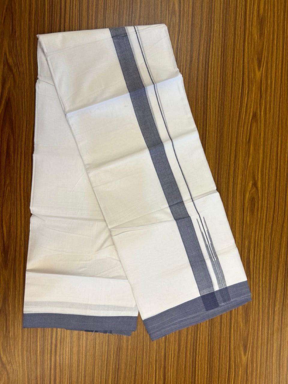 20% Discount! KaithariKada Balaramapuram 100% Cotton Double Pure white Mundu/Dhoti- 60s - 1.25 inch Ash Blue shaded chutty kara - 3.90mtr ( 8 muzham) - 27 KK5279 CKS